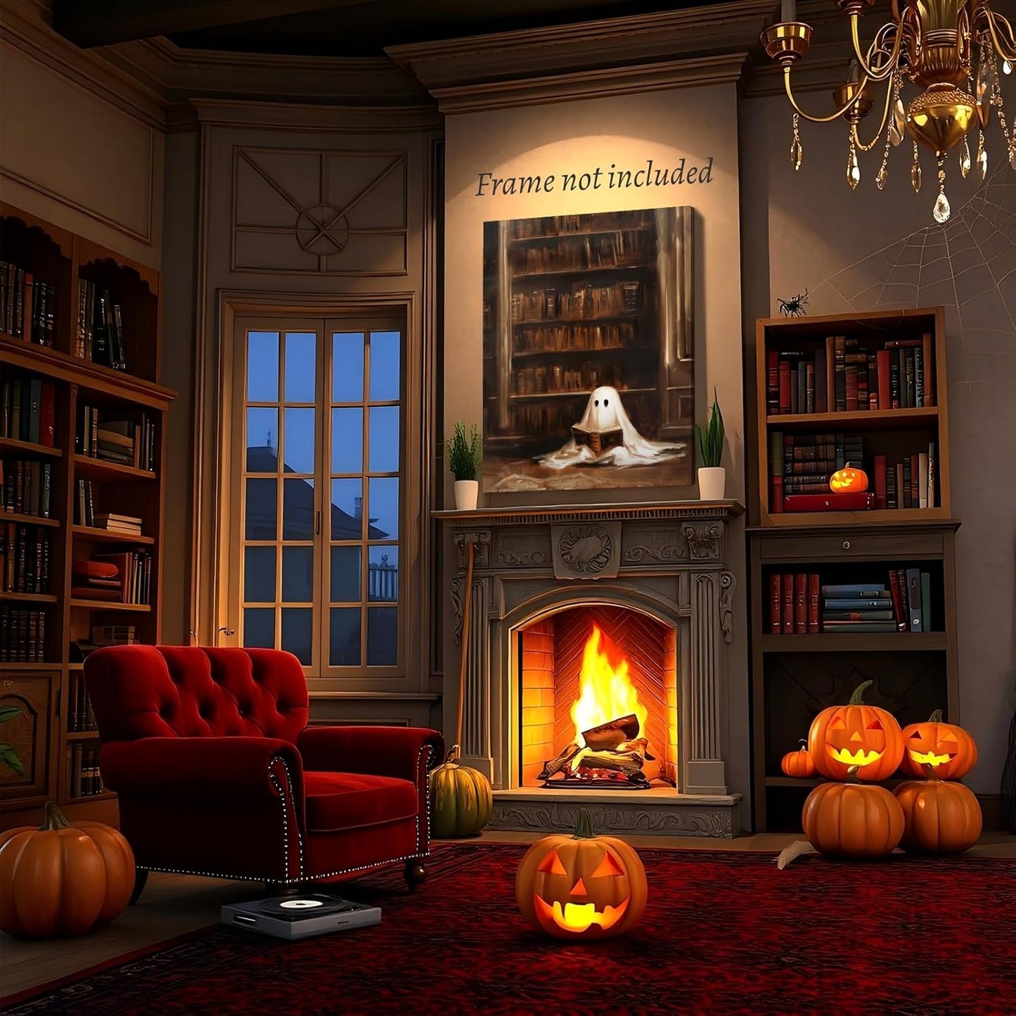 HUYKON Vintage Library Ghost Reading Poster Retro Spooky Bookish Halloween Wall Art Dark Academia Gothic Canvas Oil Painting Wall Decor Aesthetic for Bedroom Living Room Office 8x12inch Unframed