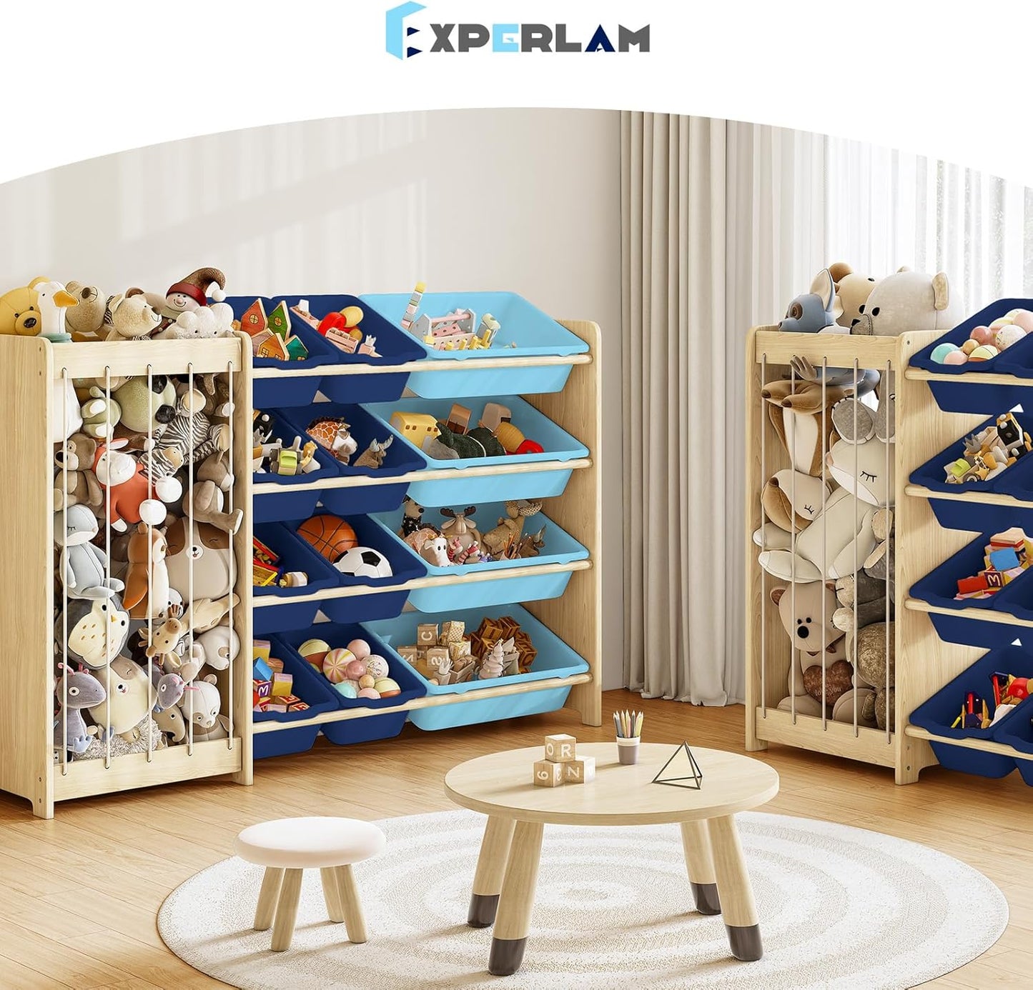 Kids Toy Storage Organizer, 2-in-1 Stuffed Animal Storage & Toy Organizer w/12 Bins, Solid Wood Toy Rack Featuring Thicker Elastic Ropes, Playroom Nursery Bedroom Storage, Blue