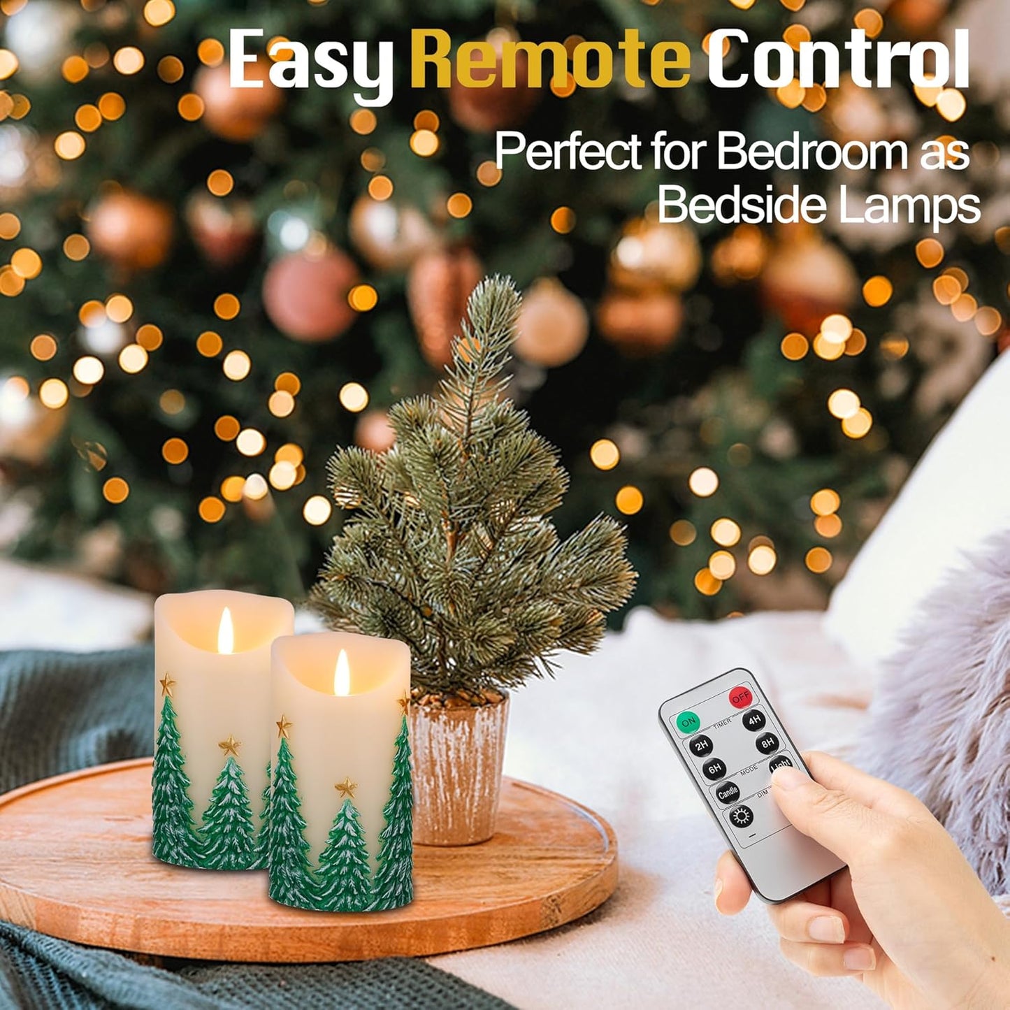 Christmas Embossed Tree Flameless Candles with Remote, Battery-Operated Real Wax LED Candle with Flickering Flame, Christmas Home Decor, Set of 2
