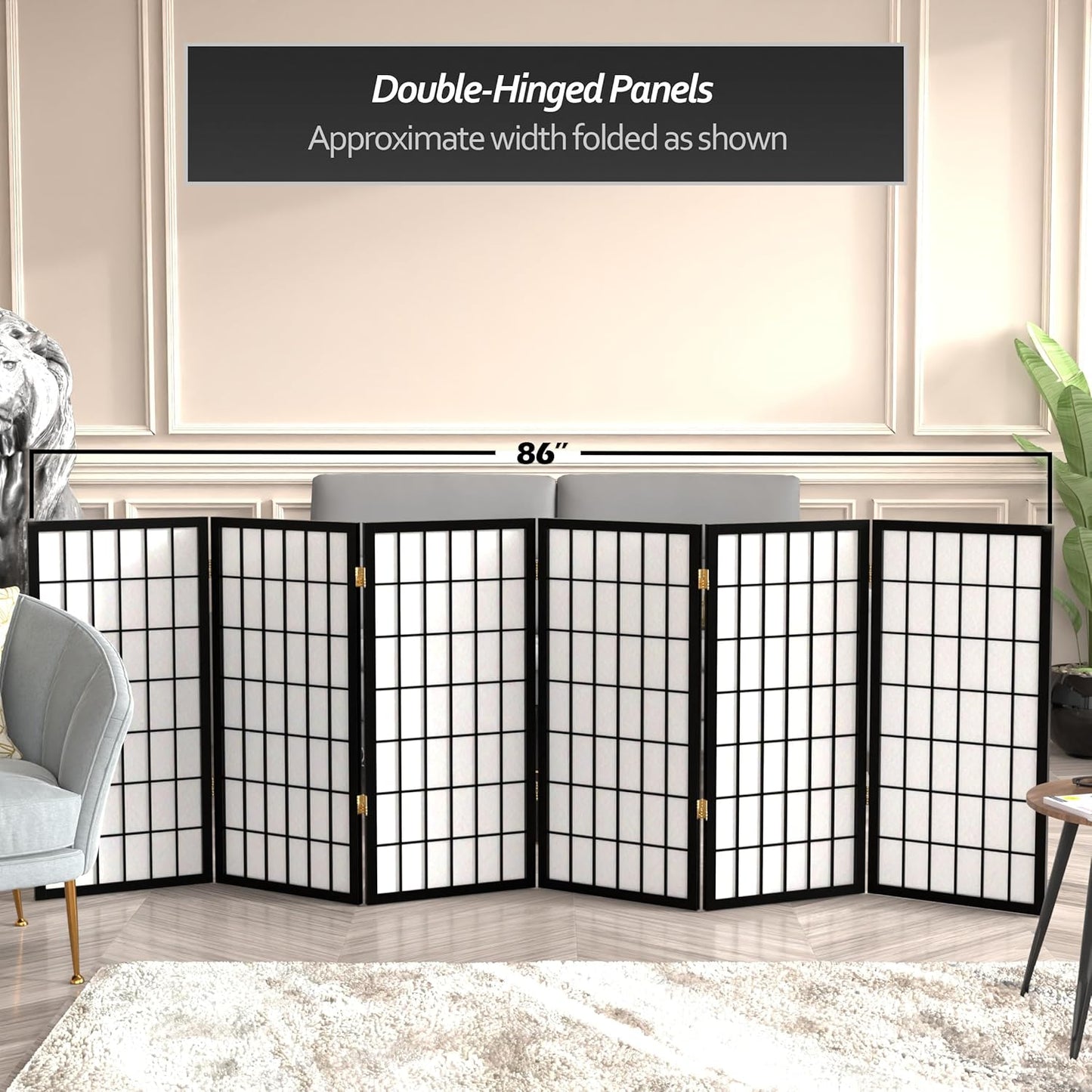 3 ft. Short Window Pane Shoji Screen - Black - 6 Panels
