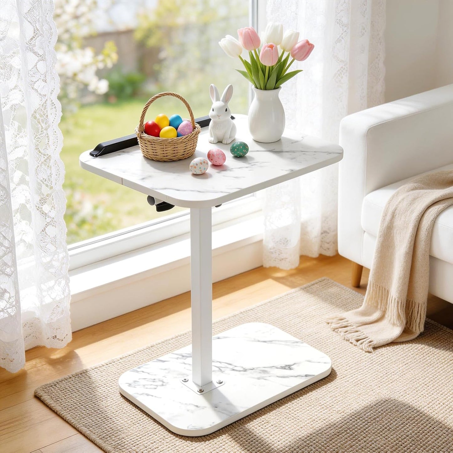 ShellKingdom Sofa Armrest Tray Table, C Shaped End Table for Small Spaces, Adjustable Height Small Side Table for Living Room, Bedroom, Home, Office (White Marble)