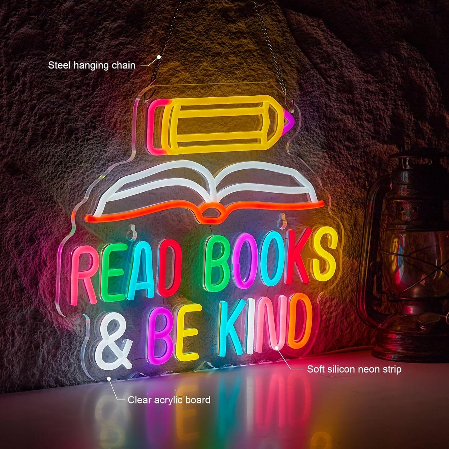 Read Books and Be Kind Neon Sign Pencil Book Neon Light Student LED Neon Light Colorful Neon Light Up Signs for Classroom Bookstore Library Museum Study Room