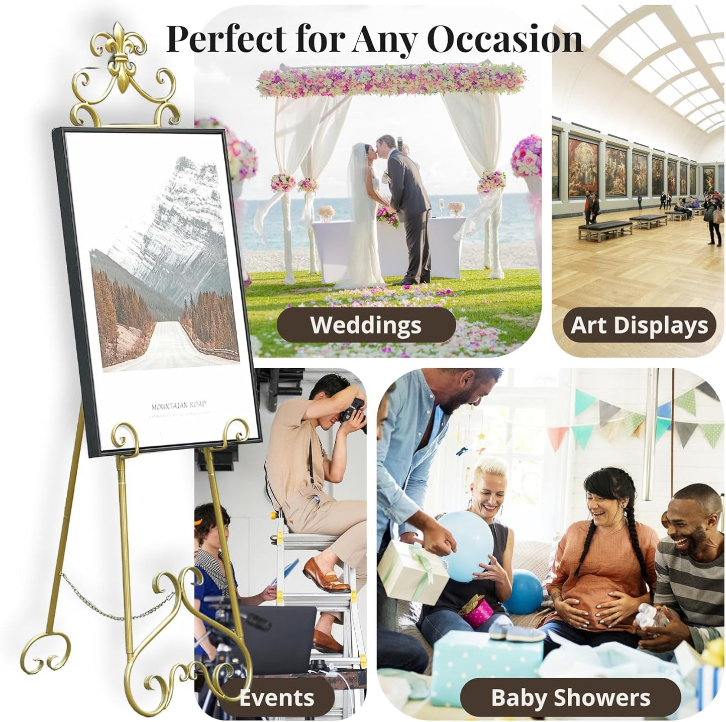 60” H Gold Easel Stand for Sign, Large Adjustable Metal Display Standing for Displaying Pictures Wedding Poster Holder Showcasing with Chain Support