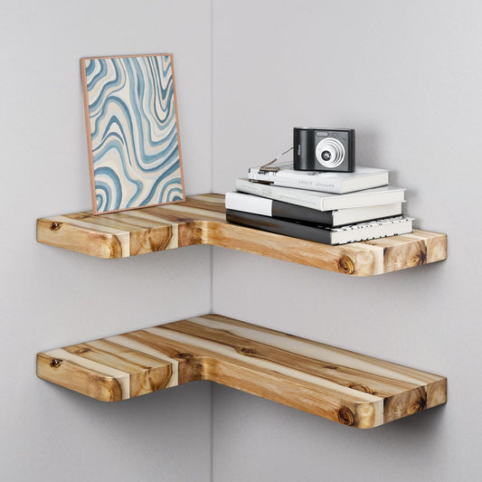 BATODA Acacia Corner Floating Shelves 17“x12”, Wall Shelves - Floating Book Shelves for Wall, Corner Bookshelf for Home Decor - Wooden Shelves with Bracket and Hardware, Boho Decor (Natural Color)