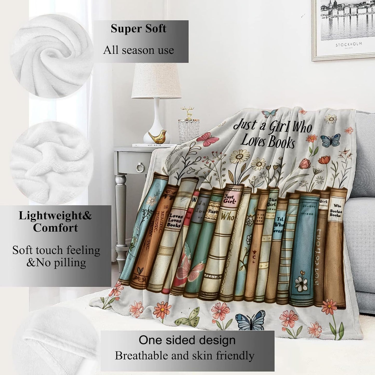Just a Girl Who Loves Books Blanket Reader Floral and Butterfly Throw Blankets,Birthday Gifts for Kids Girls Women,Lightweight Soft Fleece,Book Lovers,Sofa Couch Bed Room Decor 50x60in