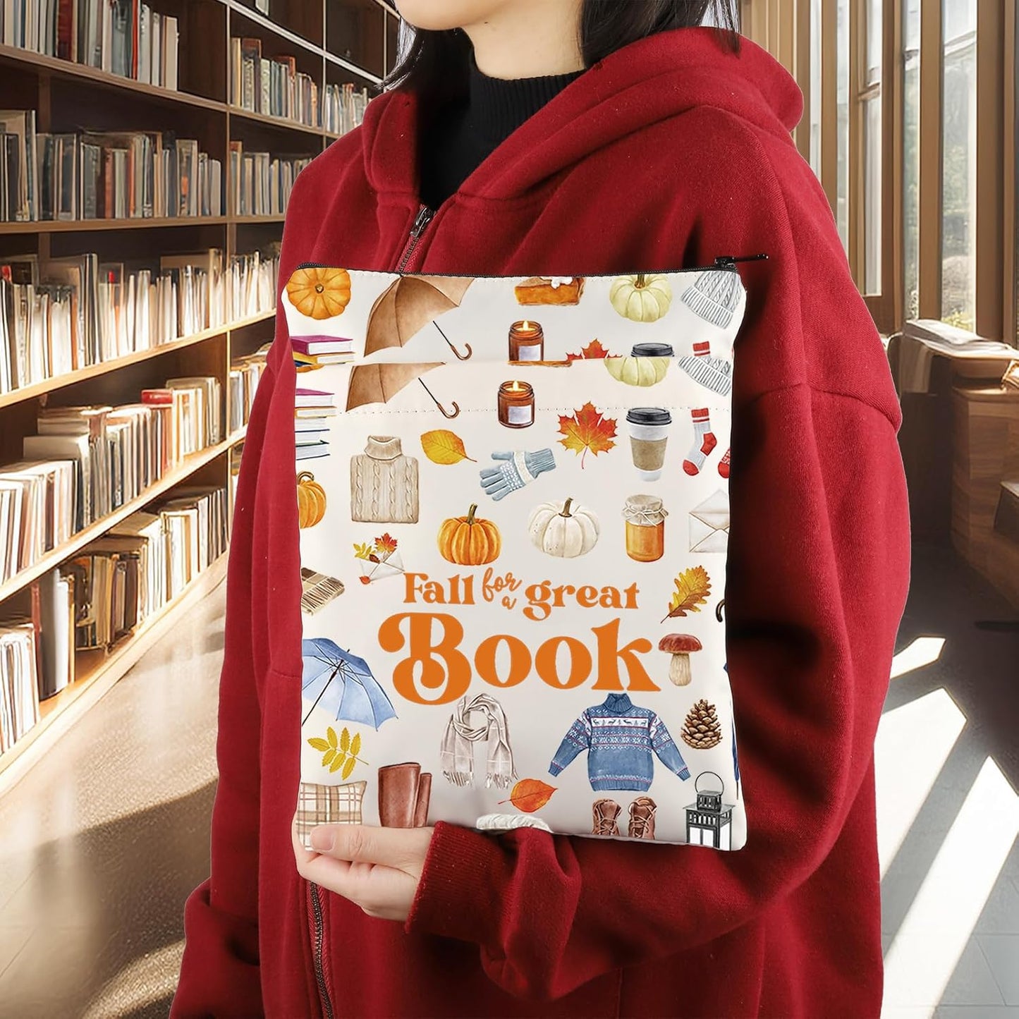 KEYCHIN Fall Book Club Book Sleeve Autumn Teacher Gifts Fall For A Great Book Book Covers Bookish Gifts Librarian Book Protector (Fall Great Book)