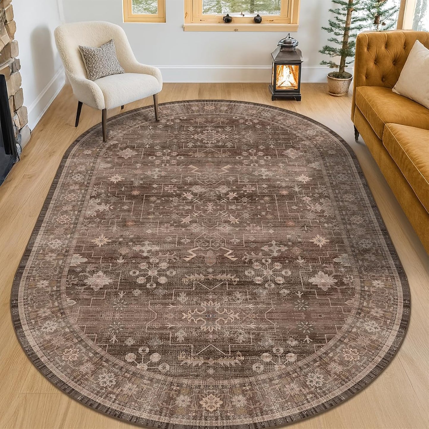 Large Oval 5x8 Rug for Kitchen Table - Vintage Traditional Dark Neutral Geometric, Boho Washable Non-Slip Area Rugs for Reading Corner, Home Office (5x8 Brown)