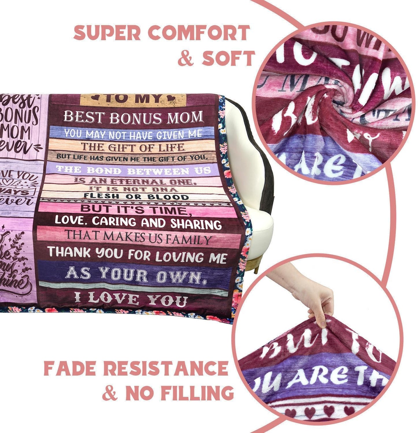 Gifts for Bonus Mom from Daughter, Bonus Mom Birthday Gifts from Son, Mothers Day Christmas Bday Presents for Mother in Law Throw Blanket 60" X 80"