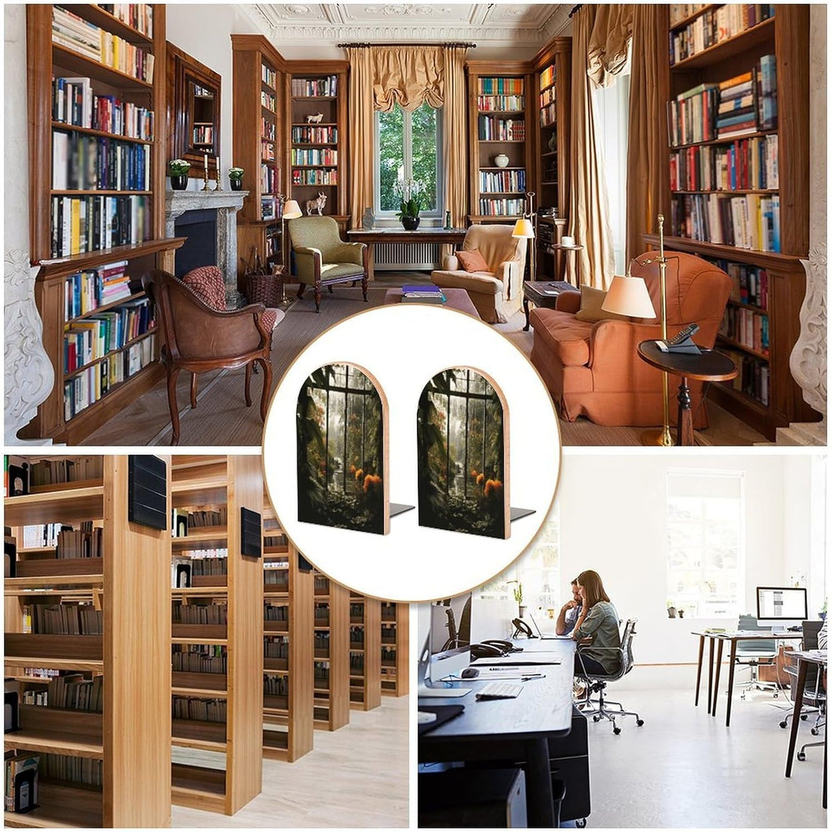 Scenery in The Window Wooden Bookend Non-Slip Book Ends Heavy Duty Book Stopper with Metal Base Books Holderd Decorative Bookends Stands Firmly for Office Supplies