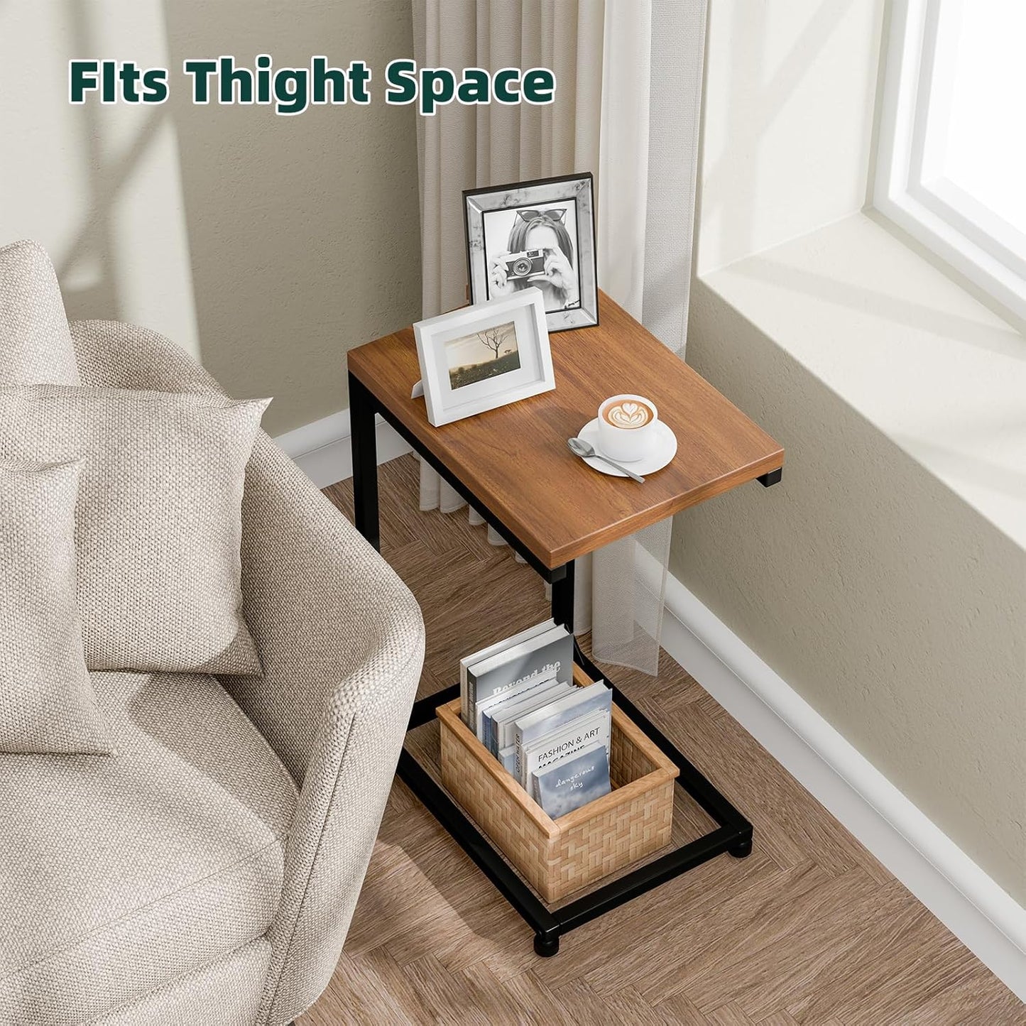 C Shaped End Table, Narrow Side Table for Couch, Small Sofa Table with Metal Frame, TV Tray Table for Living Room Bedroom Small Spaces, Brown