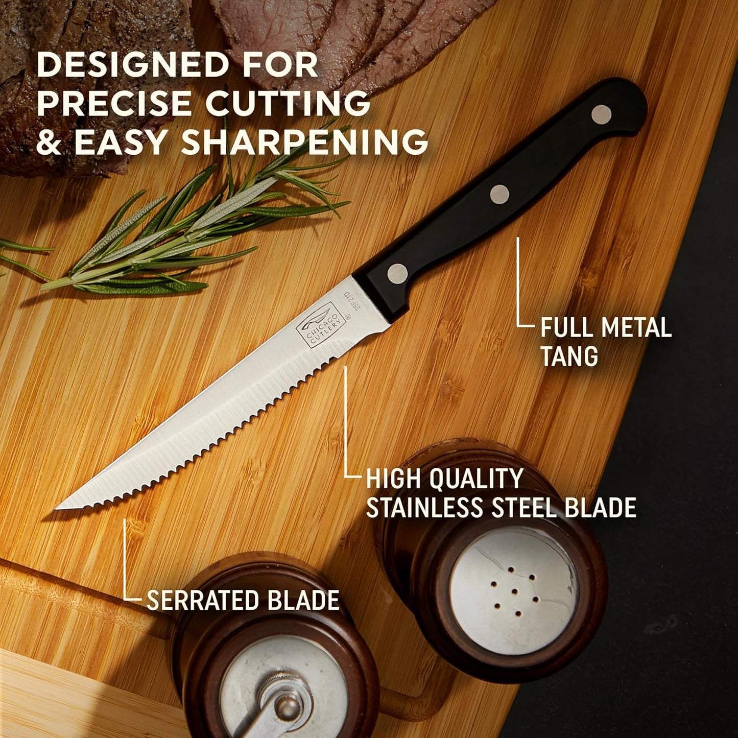 Chicago Cutlery Essentials 4-Piece Serrated Steak Knives, 4.5" Stainless Steel Blades for Effortless Cutting, For Home Kitchen and Professional Use