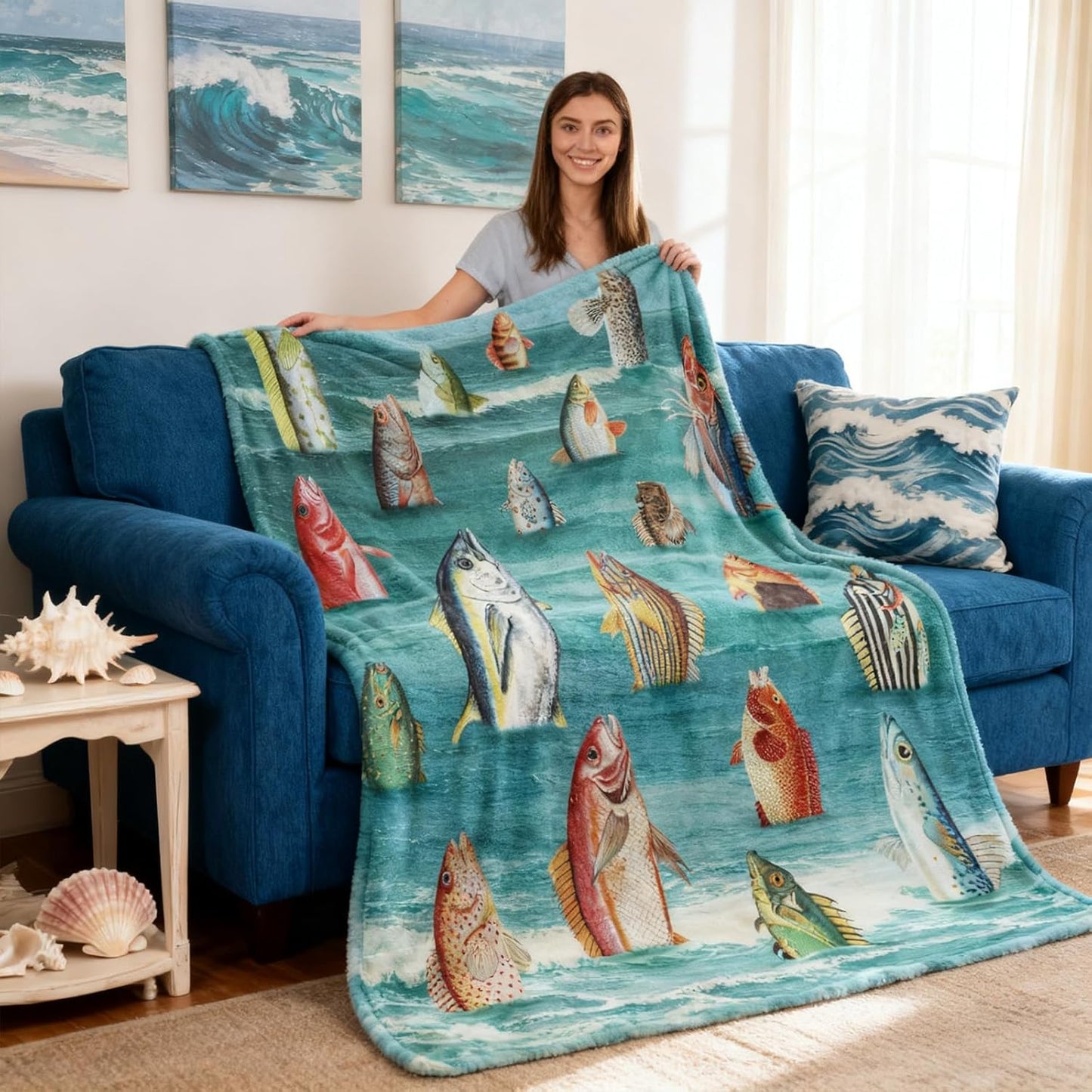 kampdream Surreal Fish Wave Flannel Blanket, Humanoid Standing Fish Art, Super Soft and Warm for Couch Sofa Living Room Ideal Gift for Friends Teal 50×60 inch