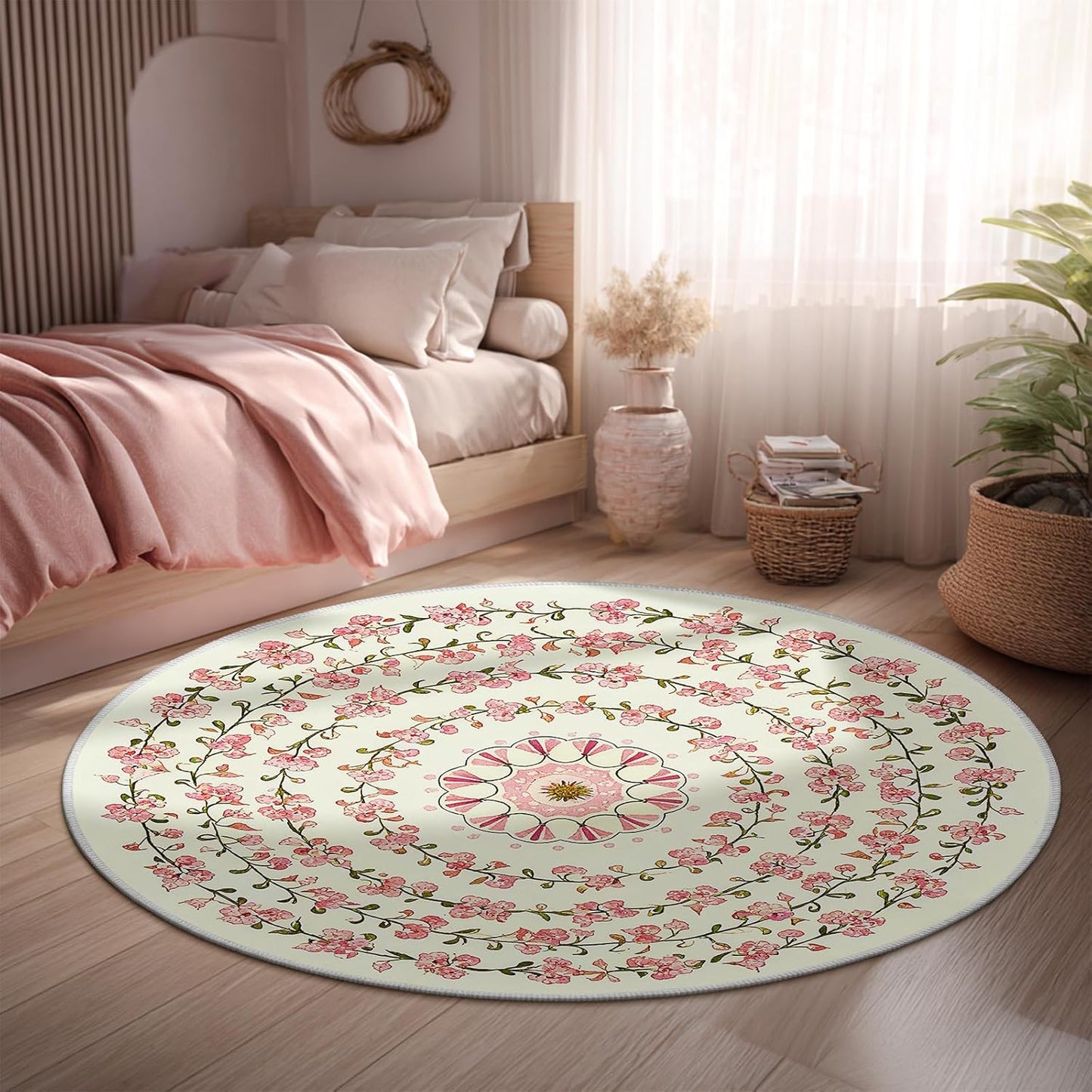 4ft Round Boho Floral Area Rug - Washable Vintage Botanical Circle Rug, Non-Slip Low-Pile Distressed Medallion Carpet for Nursery, Bedroom, Reading Nook, and Entryway (Cream/Pink)