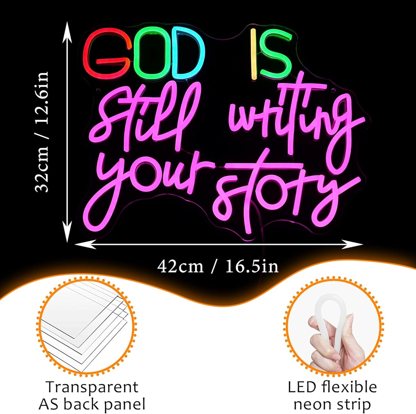 LISIGNVE God Is Still Writing Your Story Neon Sign USB Powered Christian Neon Light Sign Wall Decor Dimmable LED God Neon Light for Church Bedroom Wedding Birthday Party Neon Sign(16.5”*12.6”)