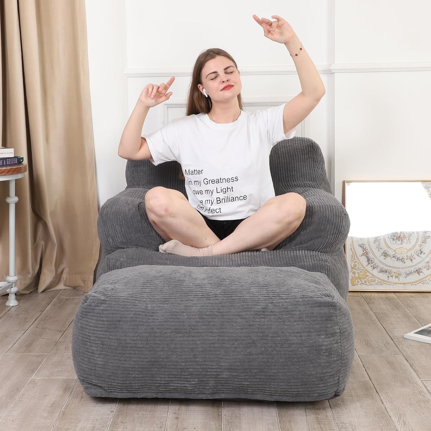 Bean Bag Sofa Chair with Ottoman, Comfy Floor Couch, Oversized Reading Chair for Bedroom, Dorm Room, Living Room, Darkgrey