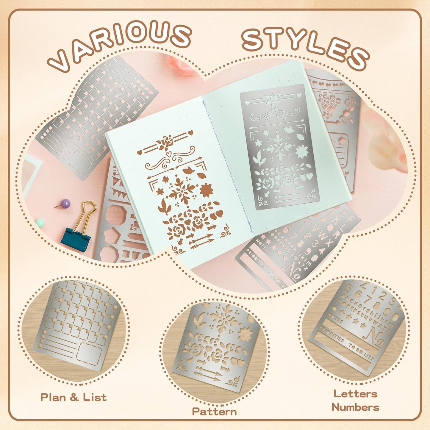 3PCS Planner Stencils, Metal Journal Stencil for Bullet Journaling Wood Burning Engraving Crafts Reusable Stencils for Crafts DIY Bookmark Lists Planner Stamps Habit Tracker Monthly Spread (3)