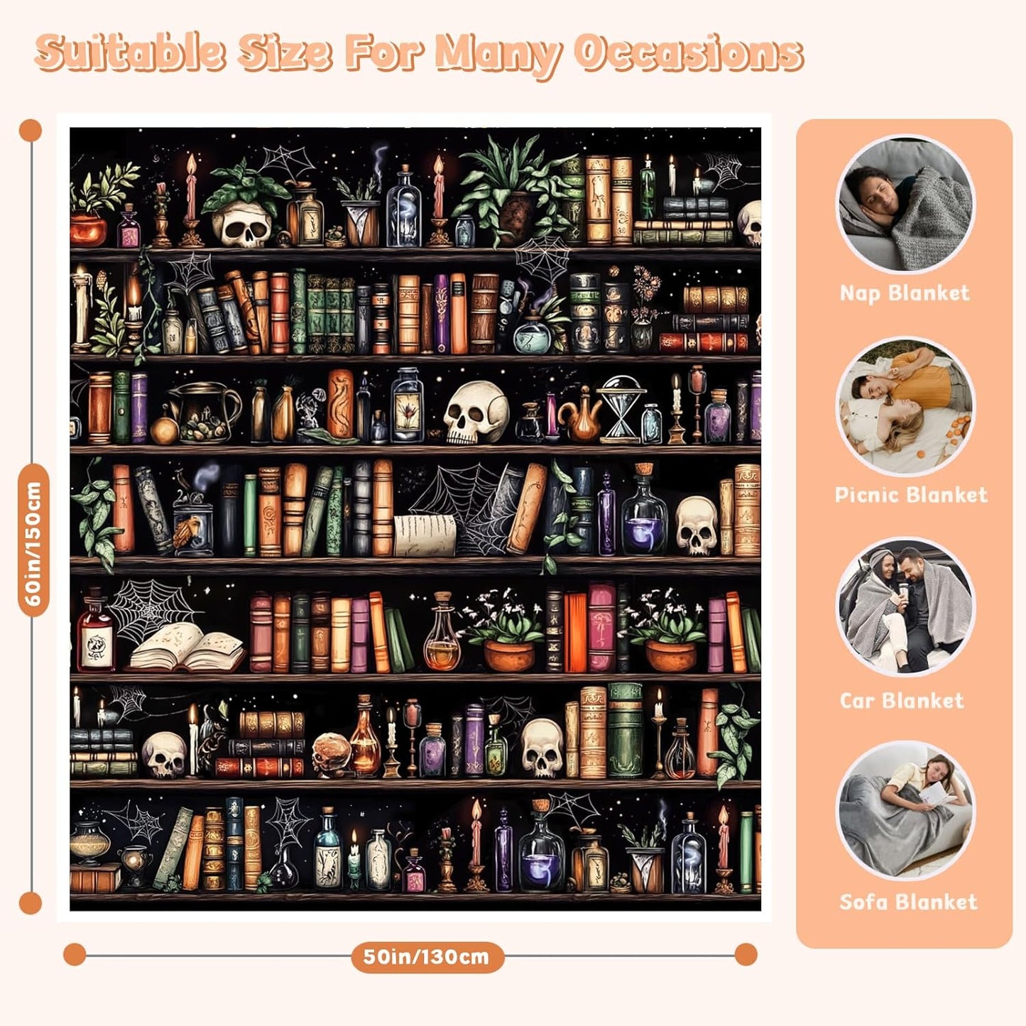 Book Lovers Gifts Bookish Blanket Goth Skull Bookshelf Halloween Throw Blanket Gifts for Bookworm,Reader,Reading,Bookclub,Booknerd,Librarian,Bookish,Book Accessories Halloween Decor- 60”X50”
