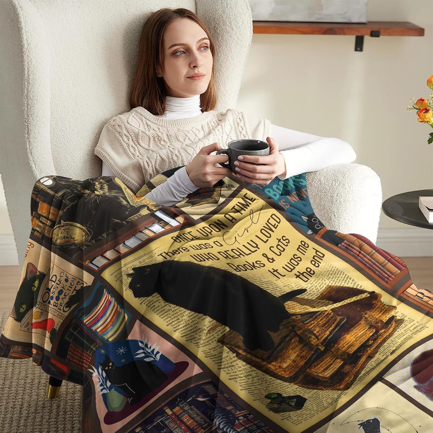 Gifts for Readers, Book Lover Gifts for Women, Black Cat Blanket for Women Cat Lover, Book Reading Lovers Blanket Throws 60"x50"