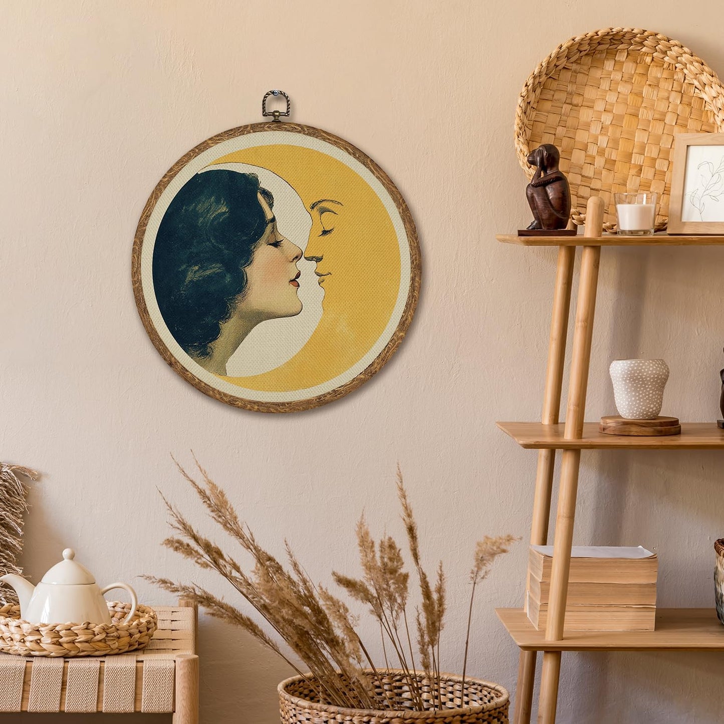 Romantic Moon and Young Girl Wall Art,Vintage-Inspired Celestial Linen Print Round Artwork ,Surreal Moon and Woman Hanging Decor for Bedroom, Living Room, or Dreamy Space 10''x10''(Ggolden-moon and Girl)