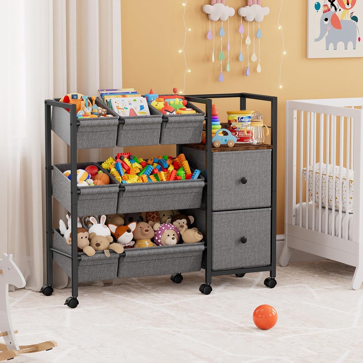 Kids Toy Organizers and Storage Bins - 7 Storage Bins + 2 Fabric Drawers + 1 Bookshelf, Playroom Storage, Mobile Cart Organizer for Toy, Clothes, Blankets and Books - Black