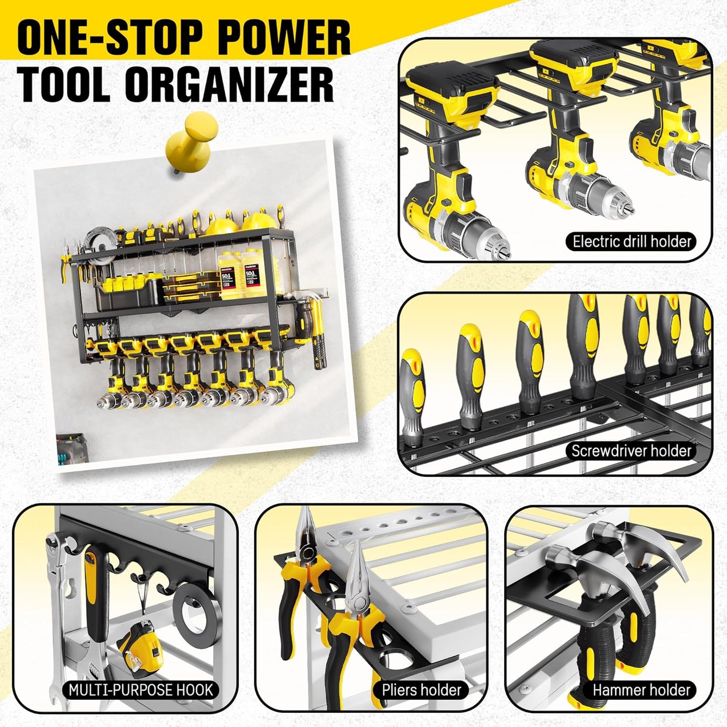 Heavy Duty Power Tool Organizer Wall Mount - 300lb Capacity 3-Tier Storage Rack with 7 Drill Holders for Garage Workshop Tools