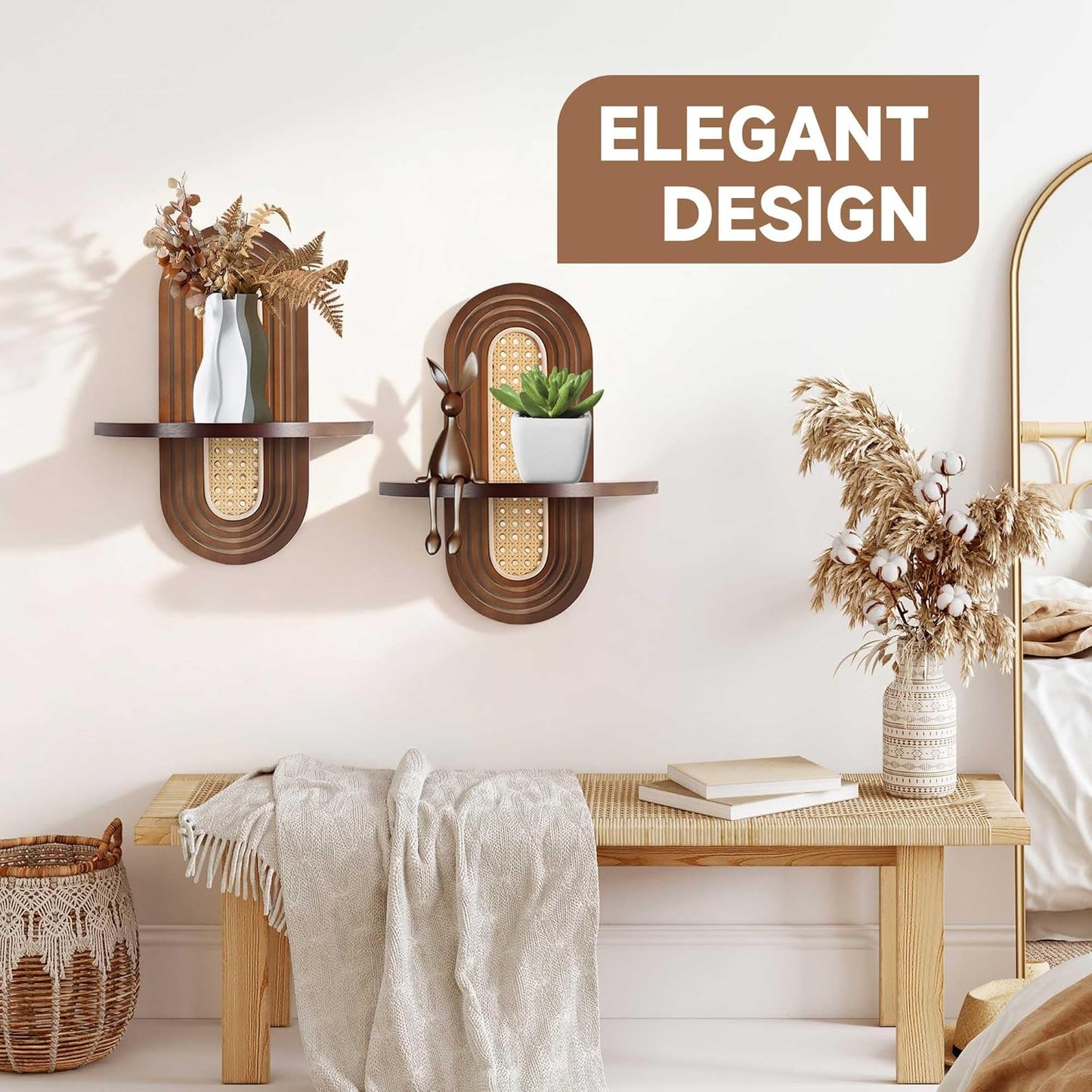 2 Pcs Wooden Arched Floating Shelf, Natural Wood Floating Shelves for Wall, Boho Rattan Wall-Mounted Shelf for Bedroom, Living Room, Nursery and Home Office, Decorative Book and Plant Display