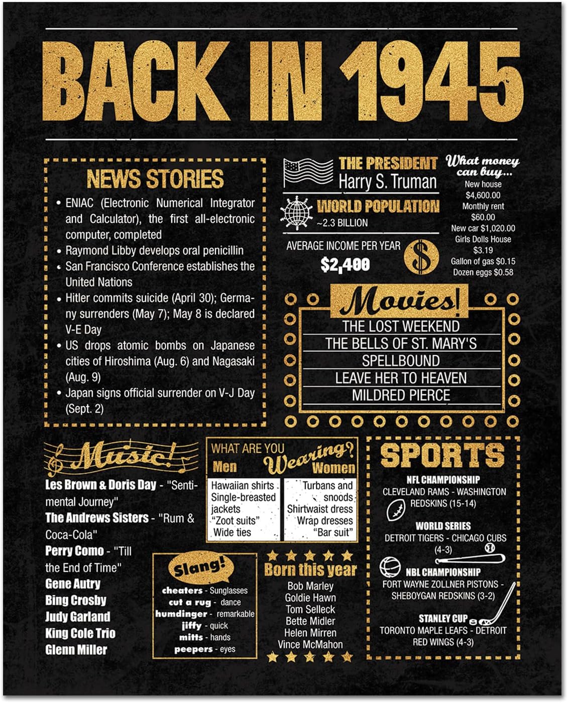 8x10 1945 Birthday Gift // Back in 1945 Newspaper Poster // 80th Birthday Gift // 80th Party Decoration // 80th Birthday Sign // Born in 1945 Print (Gold, 1945)