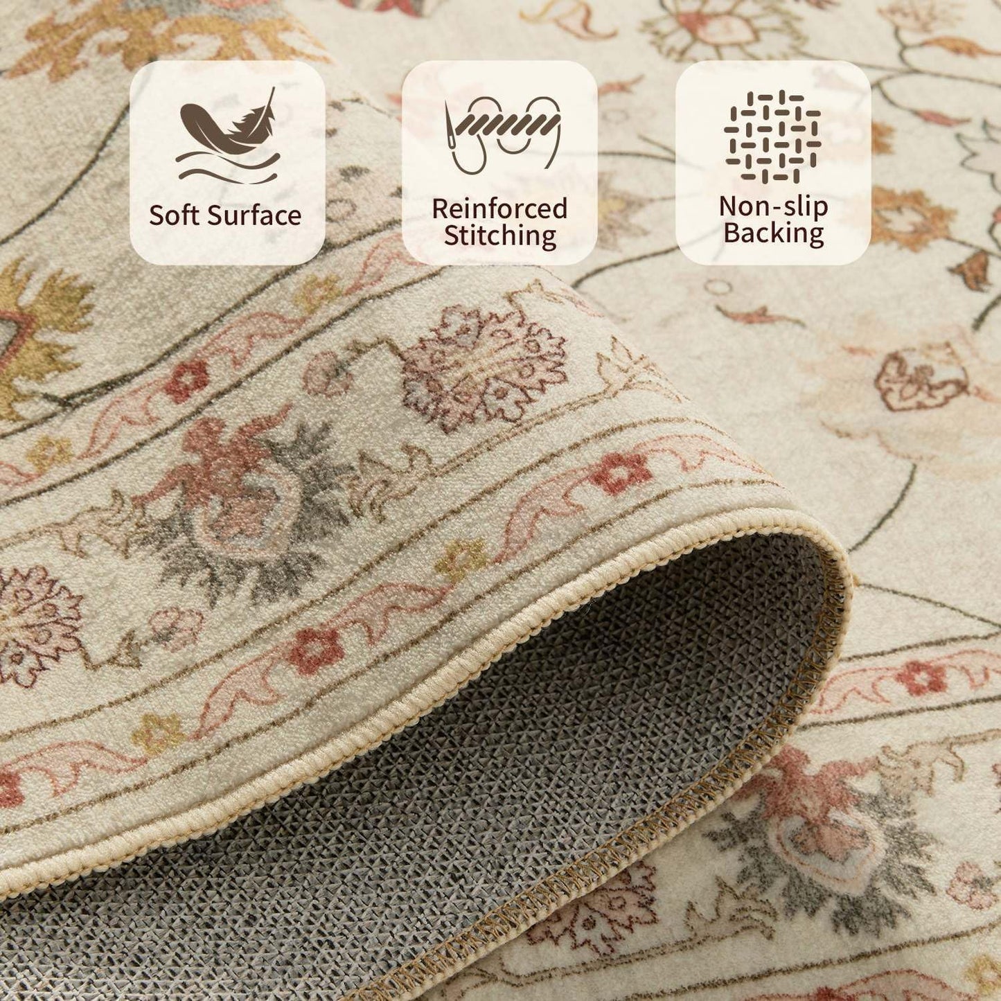 Floral Rug for Living Room Bedroom, 5x7 Washable Rug, Vintage Boho Area Rug, Large Non Slip & Low Pile Wool Carpet for Indoor Dining Room, Girls Room, Nursery Room and Kids Room(Apricot 5x7ft)