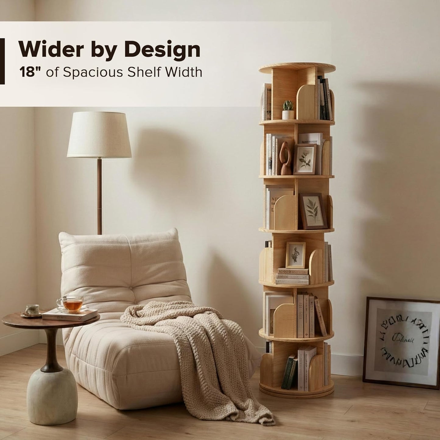 6-Tier Rotating Bookshelf with 18″ Wide Shelves, Solid Wood Bookcase for Living Room, Bedroom & Kids Room, Space-Saving Corner Bookshelf with Lazy Susan Turntable - [Pine]