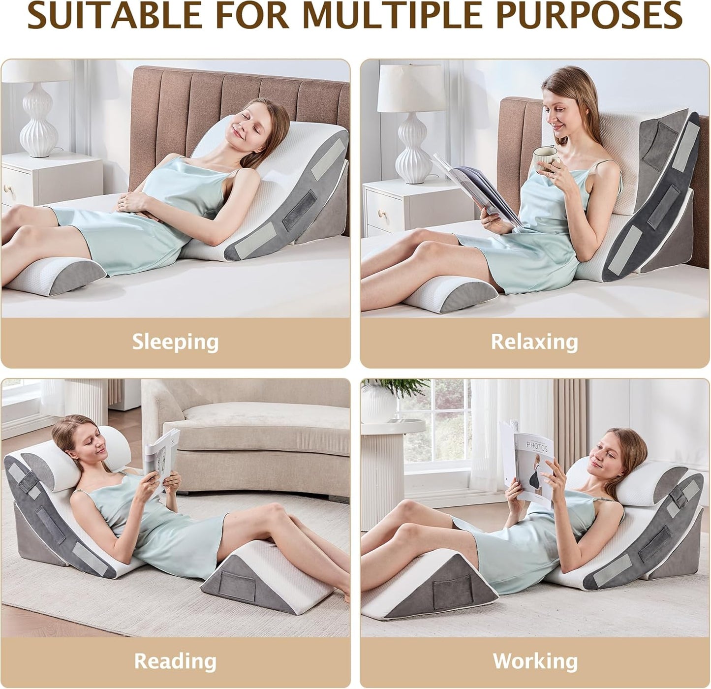 Bed Wedge Pillow, 4PC Adjustable Memory Foam Triangle Wedge Pillow Set For After Surgery, Pillow Wedge For Sleep Apnea, Back Pain Relief, Acid Reflux Relief, Orthopedic Pillow Wedge For Sleeping, Grey