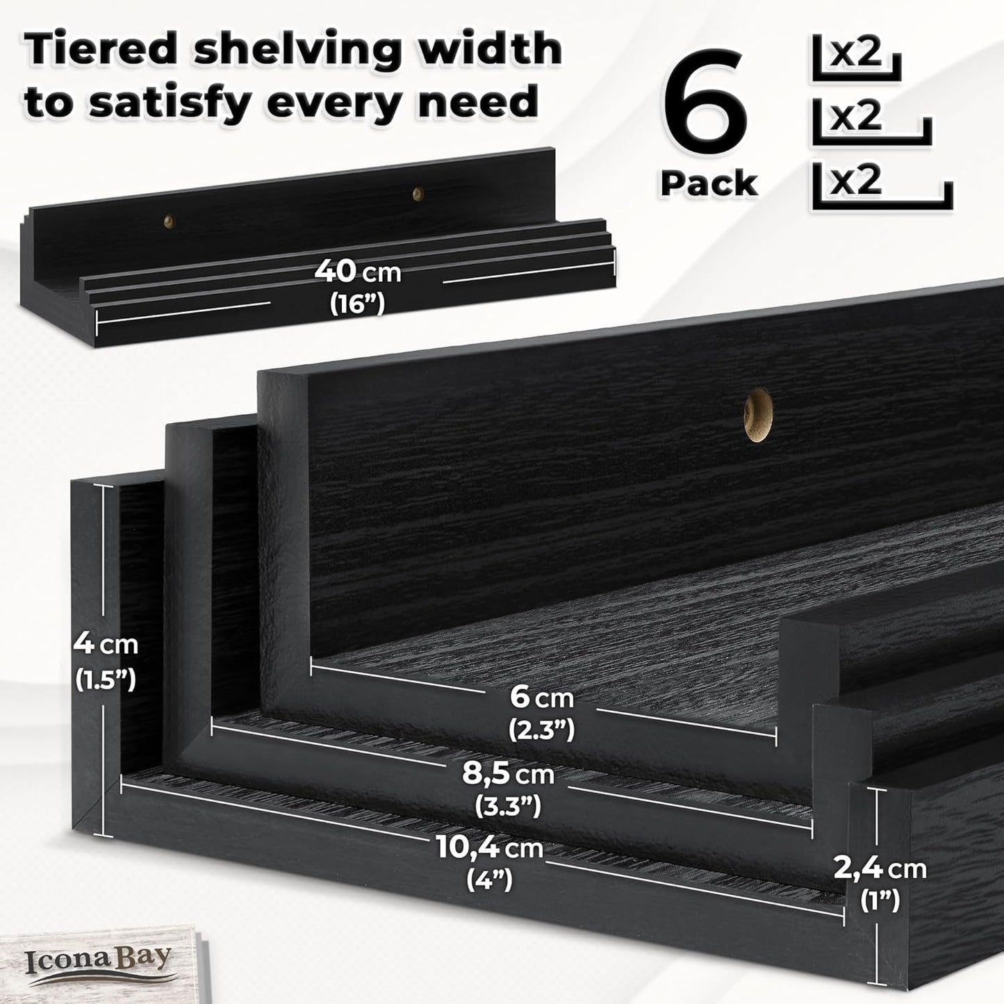 Icona Bay 16 Inch Floating Shelves for Wall - Set of 6 in Ebony Black - Modern Rustic Style - Wall Mounted Display Shelves - Picture Ledges