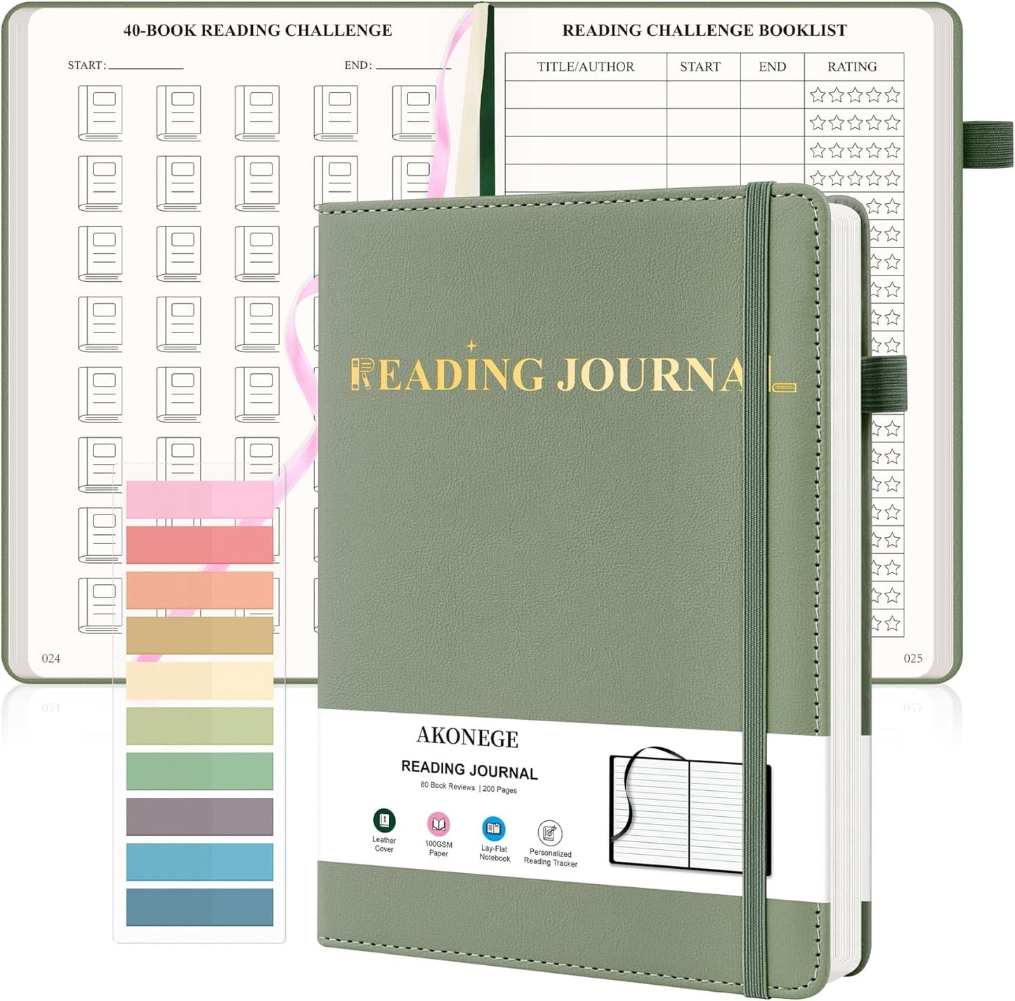 AKONEGE Reading Journal for Book Tracking - A5 PU Leather Book Journal Reading Log with 80 Reviews for Readers, Accessories with Sticky Tabs, Pen Holder, Ribbon Bookmarks, 5.6" x 8.3", Dark Green