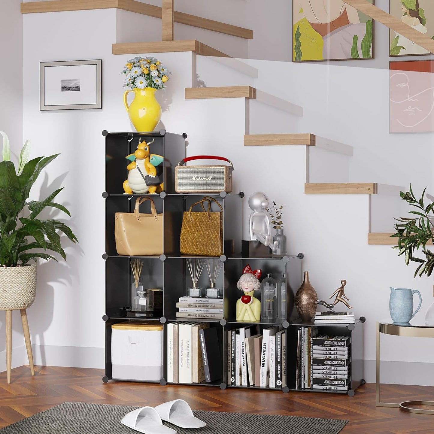 C&AHOME Cube Storage, 9-Cube Bookshelf, Plastic Closet Cabinet Organizer, DIY Stackable Bookcase, Modular Shelving Units Ideal for Home, Office, Kids Room, 36.6" L x 12.4" W x 48.4" H Black SHS3009A