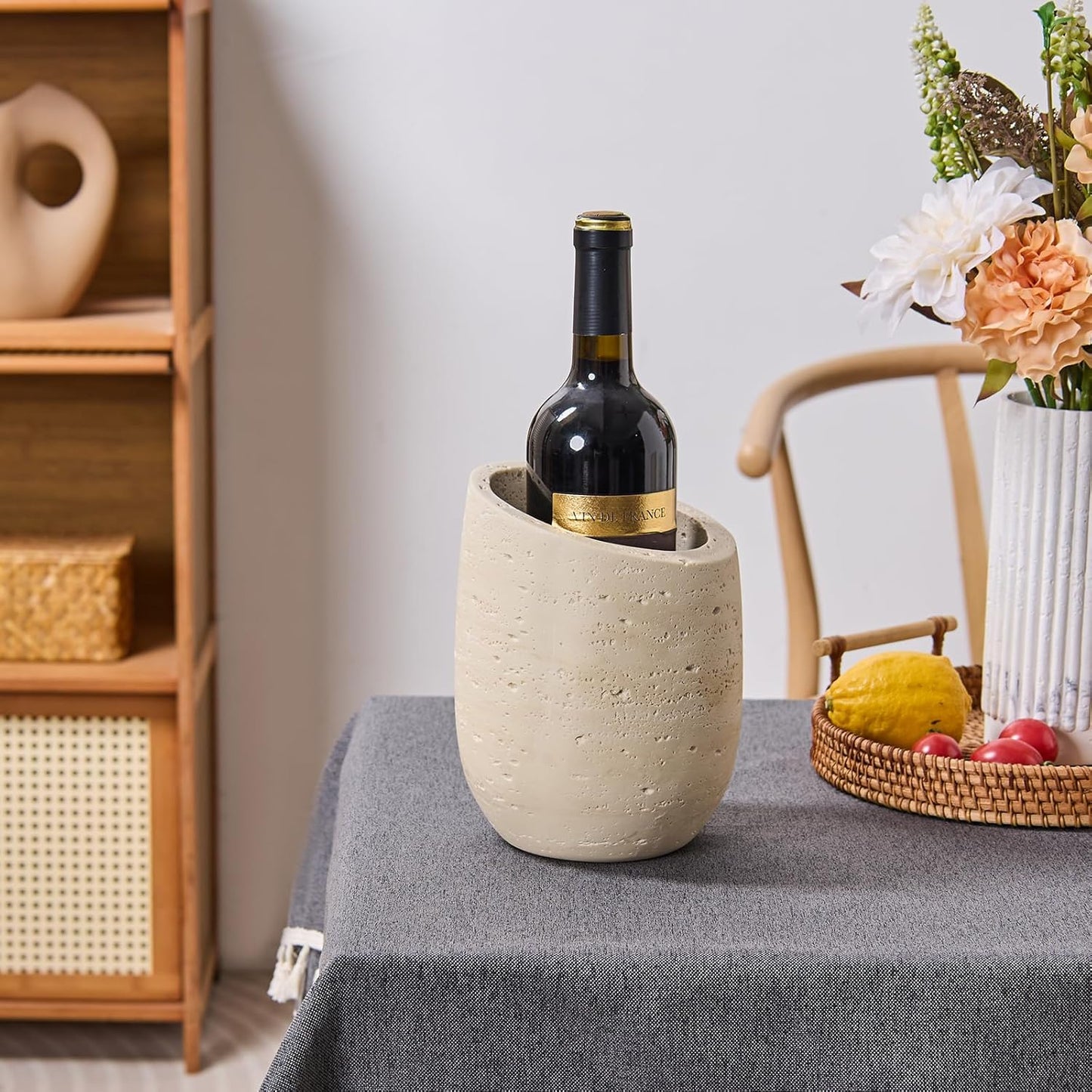 Natural Travertine Textures Wine Chiller Bucket – 750ml Resin Cooler for Wine & Champagne Bottles, Party Bar Cart Decor – Keeps Drinks Cold, Unique Gift for Wine Lovers, Housewarming (Beige)