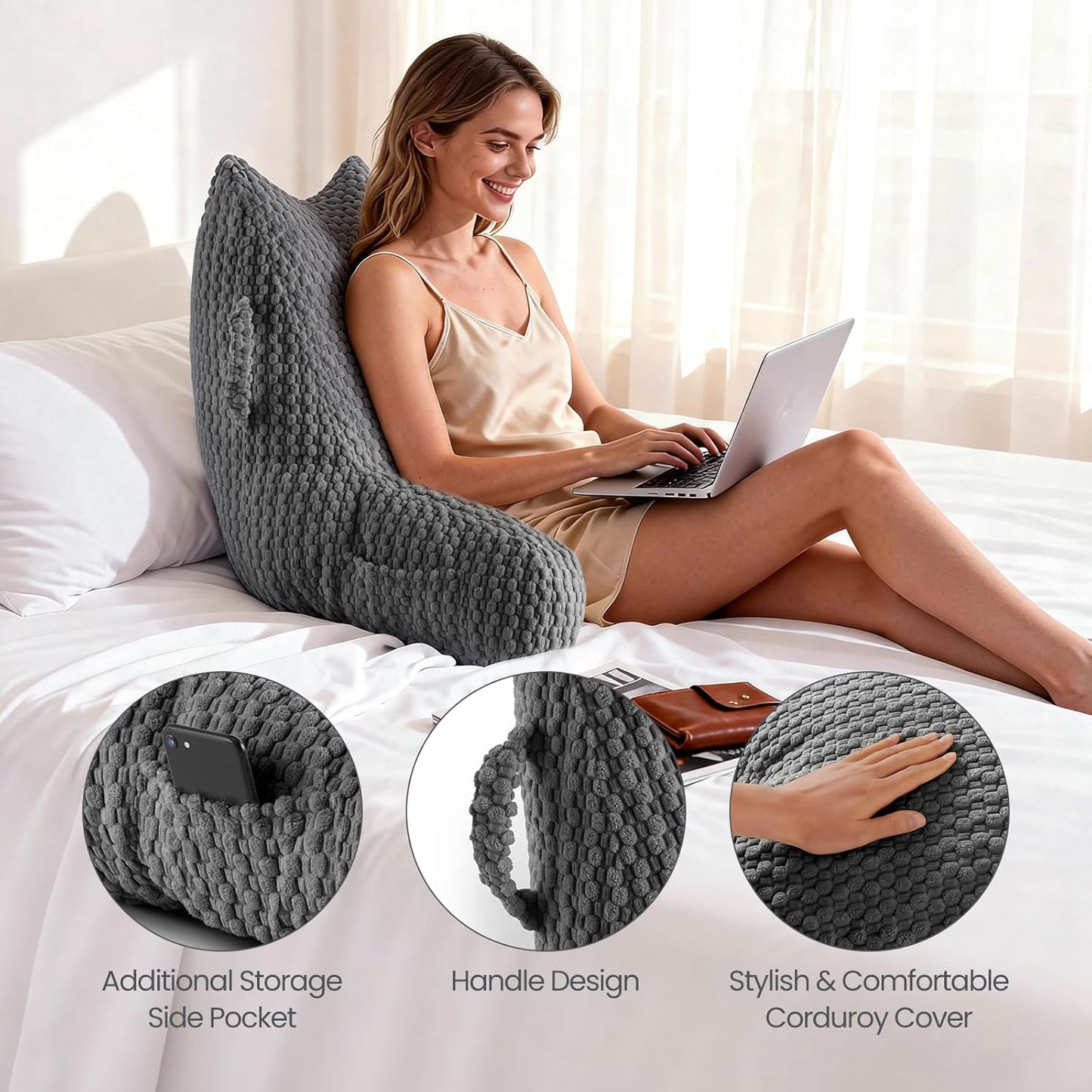 Reading Pillow, Backrest Pillow with Shredded Memory Foam, Back Support Cushion for Bed and Couch Sitting Up, Bed Pillow with Arms, Pockets and Washable Cover-Grey
