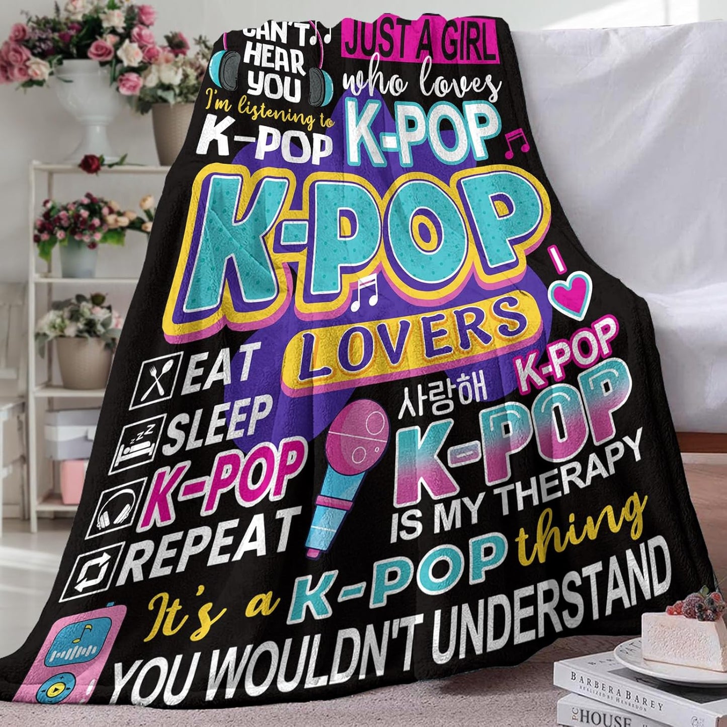 Kpop Gifts for Women Girls Teen Flannel Throw Blanket, Korean Pop Music Present for Korea Friends K-Pop Lovers Fans, Funny Soft Bedding Sofa Blanket Birthday Ideas 50" x 60"