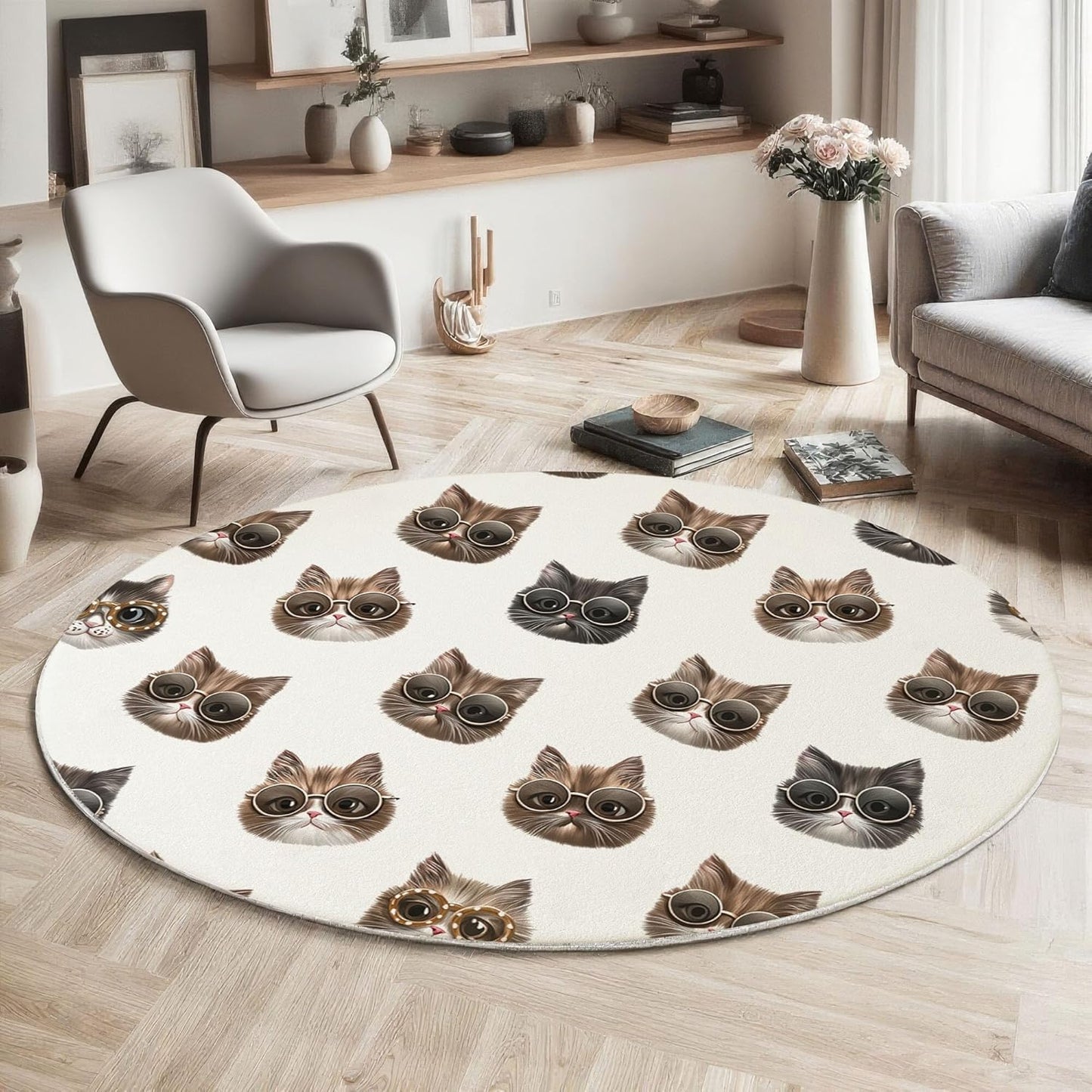 Round Area Rug, 2Ft Washable Non-Slip Beige Fun Sunglasses Cats Circle Rug, Soft Low-Pile Animal Theme Indoor Small Circular Carpet for Bedroom Entryway Dining Living Room