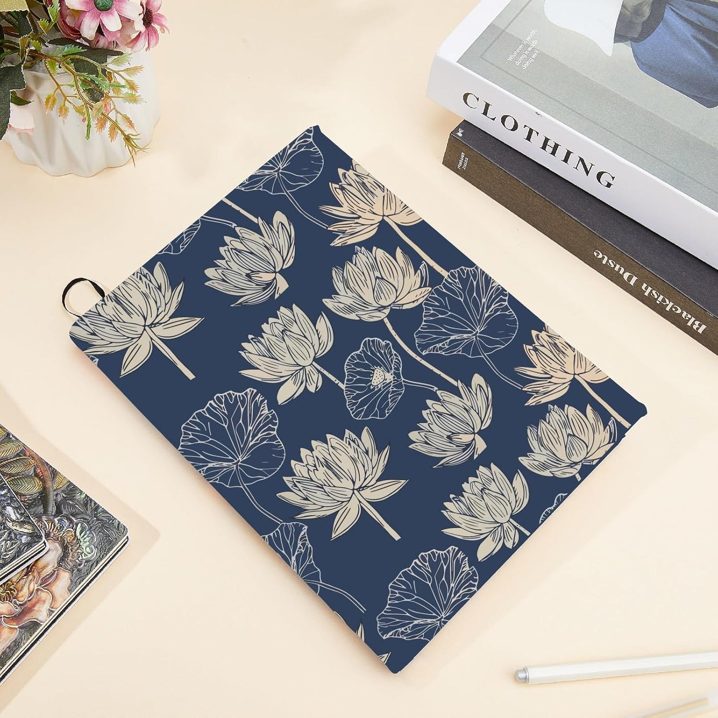 CRASPIRE Lotus Stretchable Book Cover Flower Vintage Ruffle Washable Reusable Large Nylon Book Protector Elastic Notebook Wraps Suitable for Hardcover Books Classroom Students