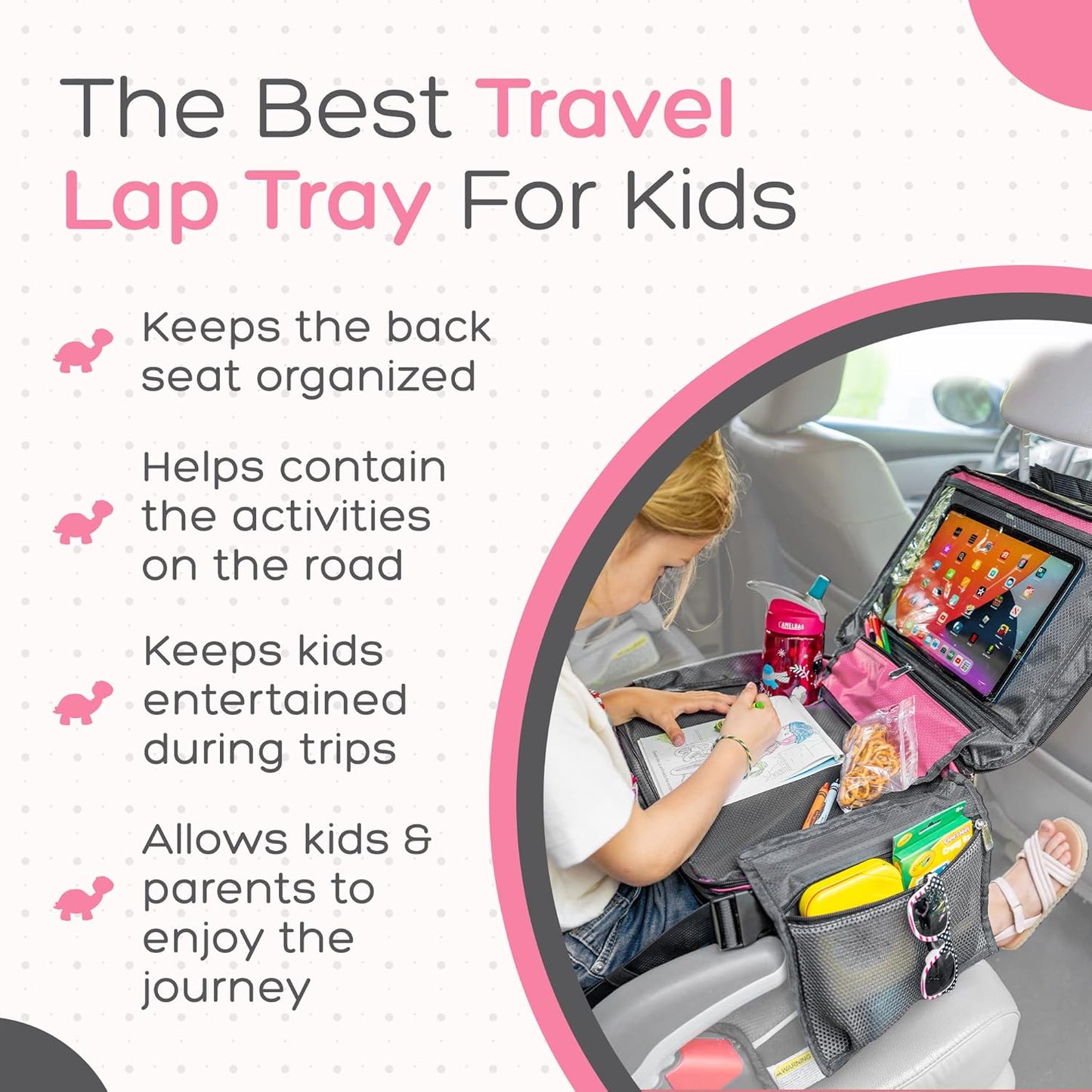 BE Family Travel Kids Car Seat Travel Tray, Car Accessories for Children, Car Seat Snack Tray, Traveling Essentials for Kids, Toddler Lap Tray for Engaging Activities, Multipurpose Design, Pink