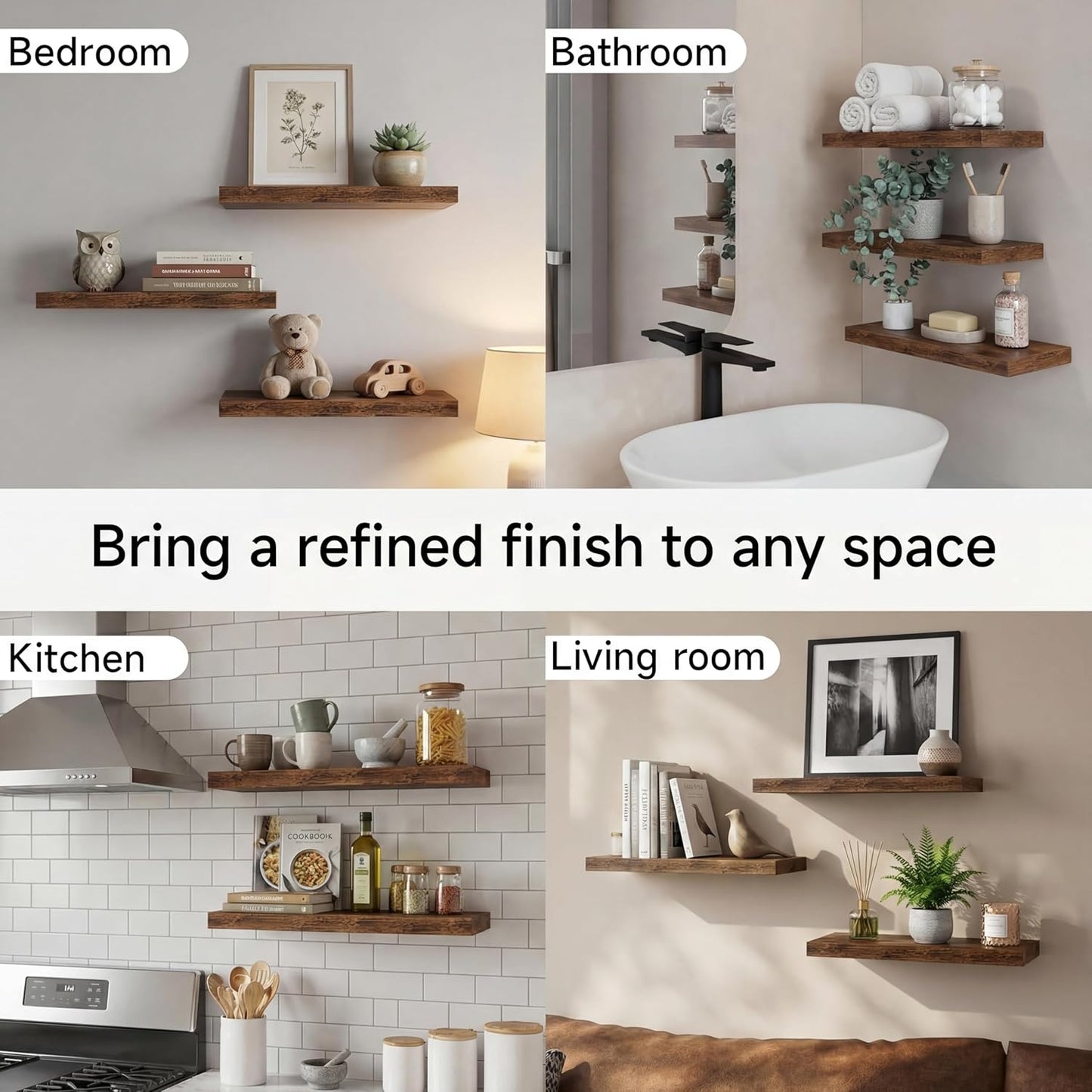 16 Inch Oak Floating Shelves Set of 3, Brown Wall Mounted Shelves with Hidden Brackets, Thin Floating Shelves for Wall Decor, Kitchen Bathroom Bedroom Office
