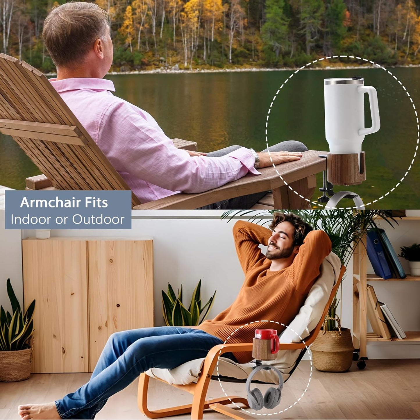 Nnewvante Desk Cup Holder, 2 in 1 360° Rotating Headphone Hanger Under Desk, 360° Anti-Spill Cup Holder, Table Cup Holder for Water Bottles, Gaming Desk Accessories - Acacia Wood