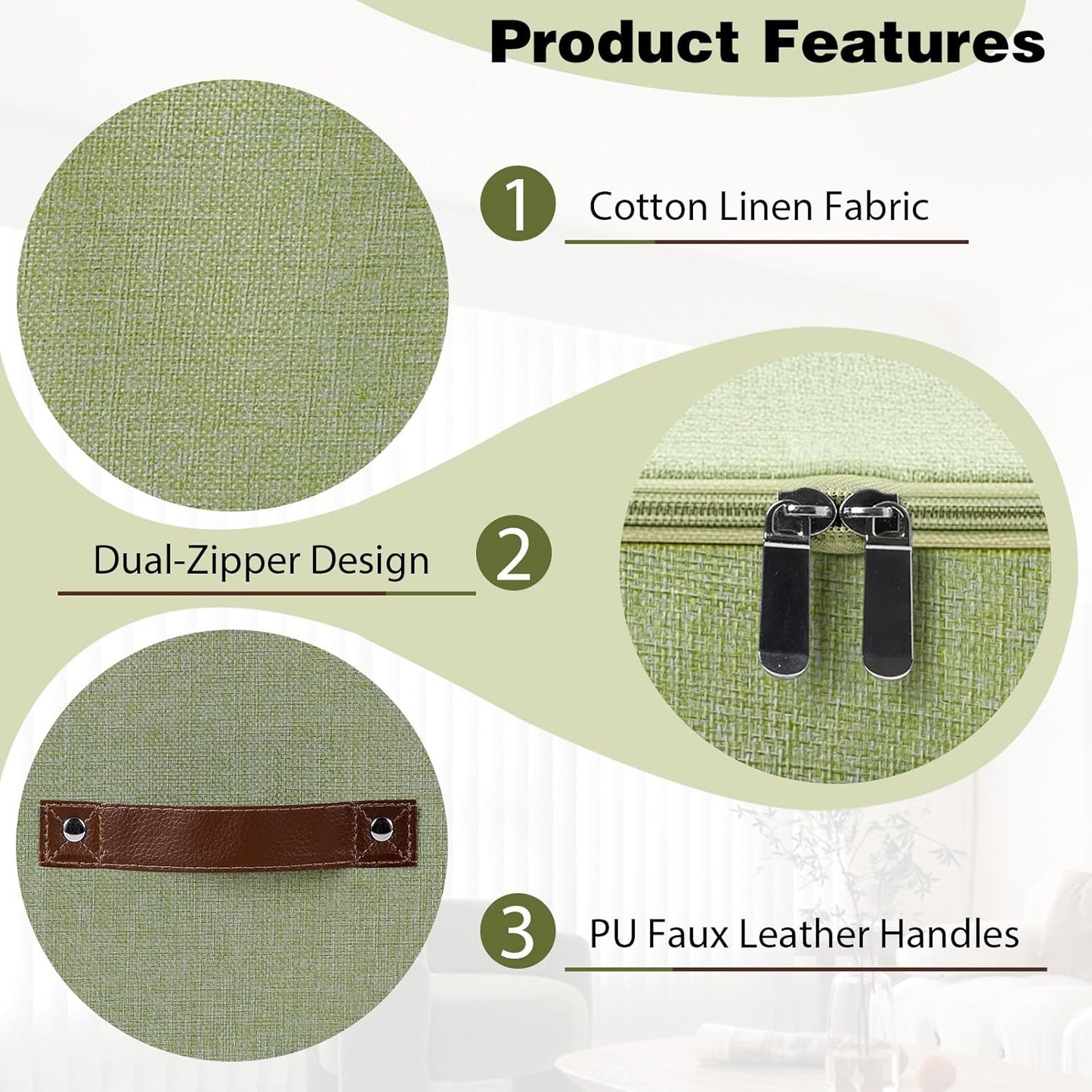 Storage Cubes with Zipper Lid, 11x11x11in Fabric Lidded Storage Boxes Baskets, 1 Pack Foldable Washable PU Leather Handle Cotton Linen Fabric Shelf Closet Organizer Container (Green, Label Pocket)