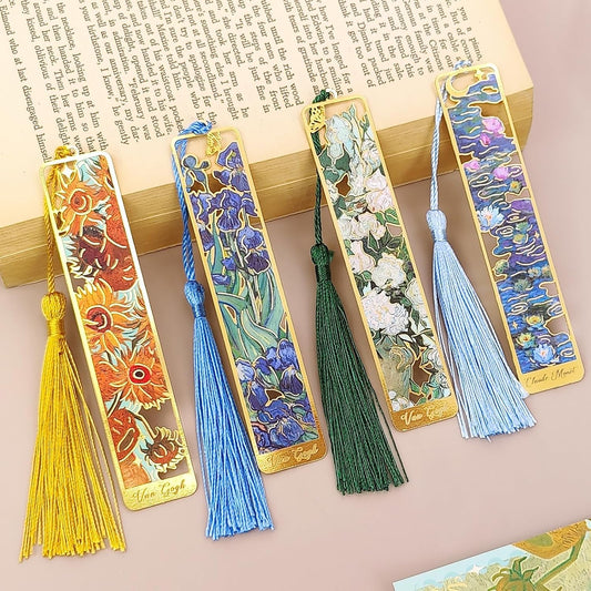 4 Piece Metal Bookmark Set, Vintage Van Gogh & Monet Oil Painting Theme with Tassels, Hollow Floral Design Aesthetic Reading Accessories for Women, Book Lovers Gifts for Readers