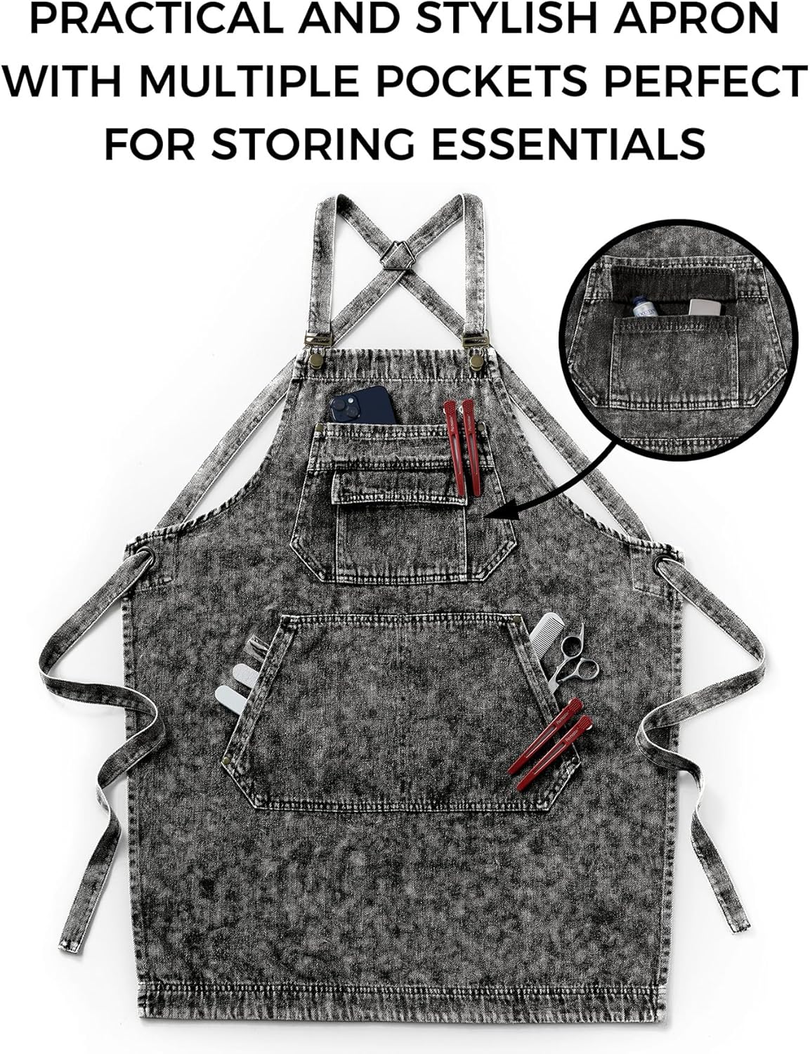 Denim Apron with Pockets for Hair Stylist Gardening Craftsmen Barista Women Hairdresser Jean Work Apron Cross Straps