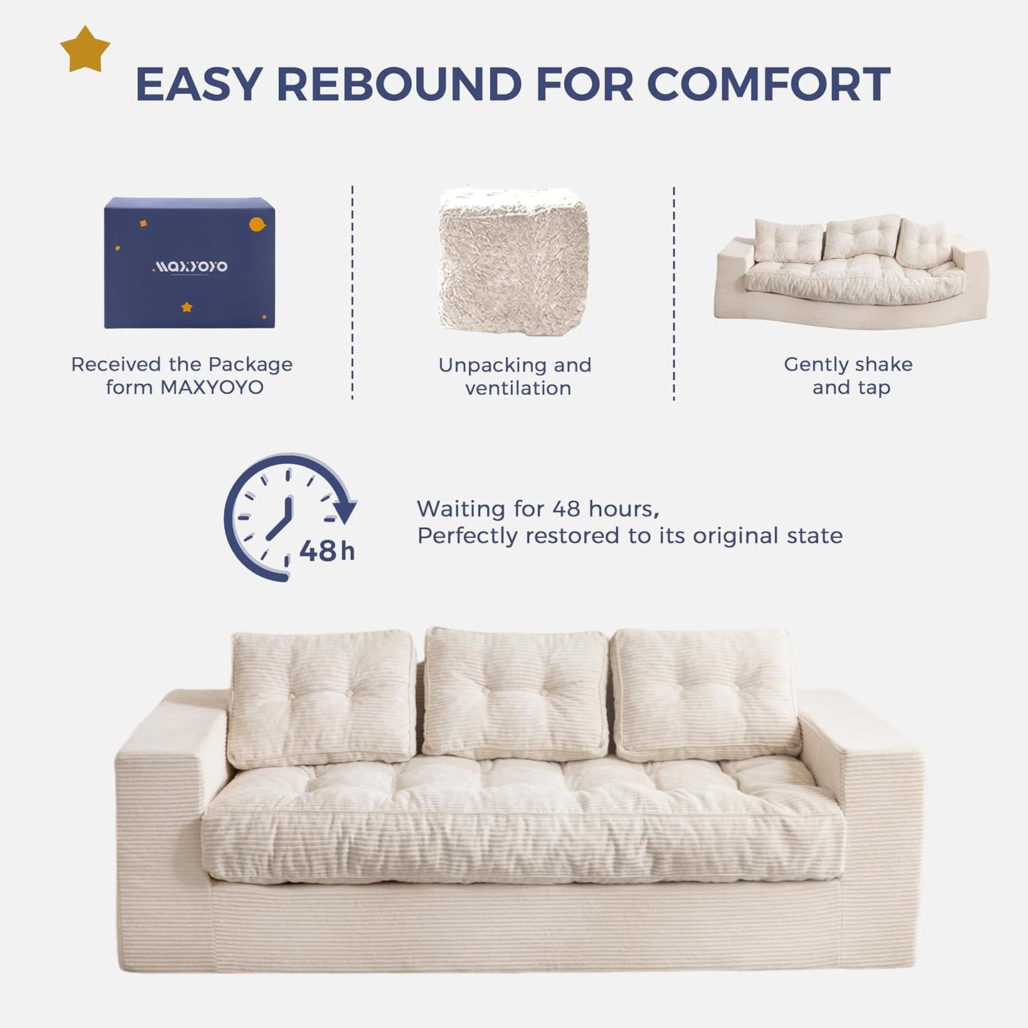 MAXYOYO 3-Seater Boneless Sofa Couch, Tufted Corded Sofa Lounge for Living Room, Comfy Bean Bag Chair High-Density Foam Couch with Pillows, No Assembly Required