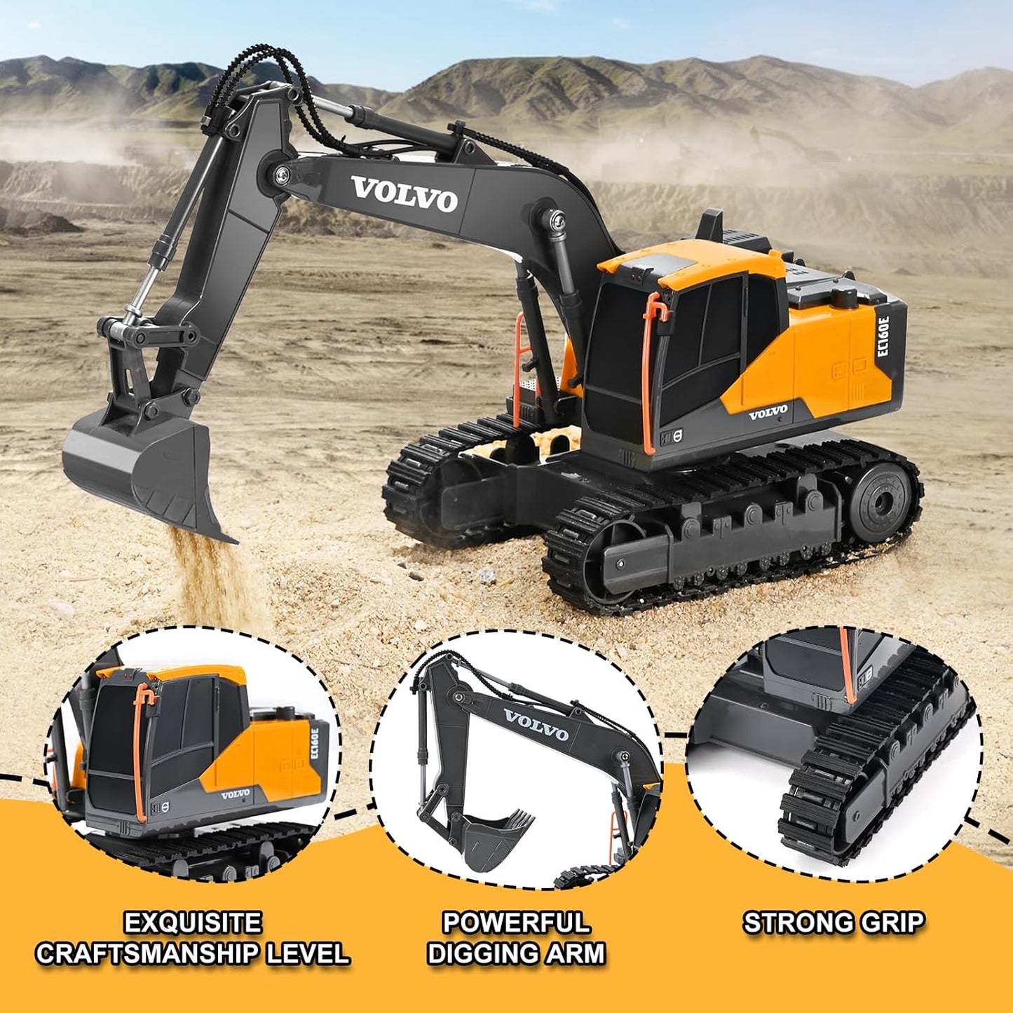 DOUBLE E Volvo RC Excavator Remote Control Excavator Toy for Boys Full Function Construction Vehicles Toys with Shovel for Outdoor Play Sandbox Digger Toys Gifts for Kids