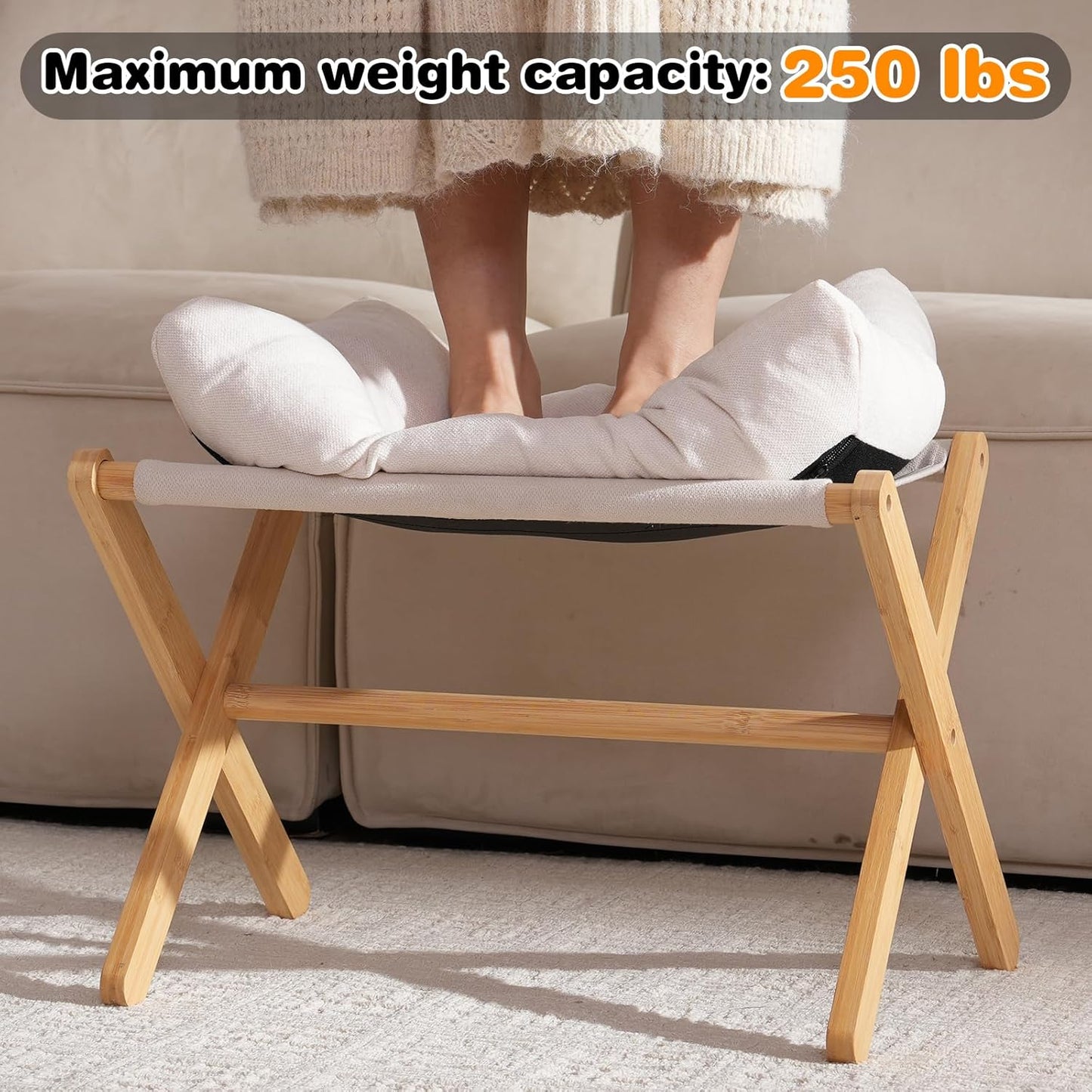 Ottoman Foot Rest- Bamboo Foldable Stool, Foot Stools Small Ottman with Upholstered & X Legs, Folding Stool for Makeup, Bedroom and Living Room (Large Beige)