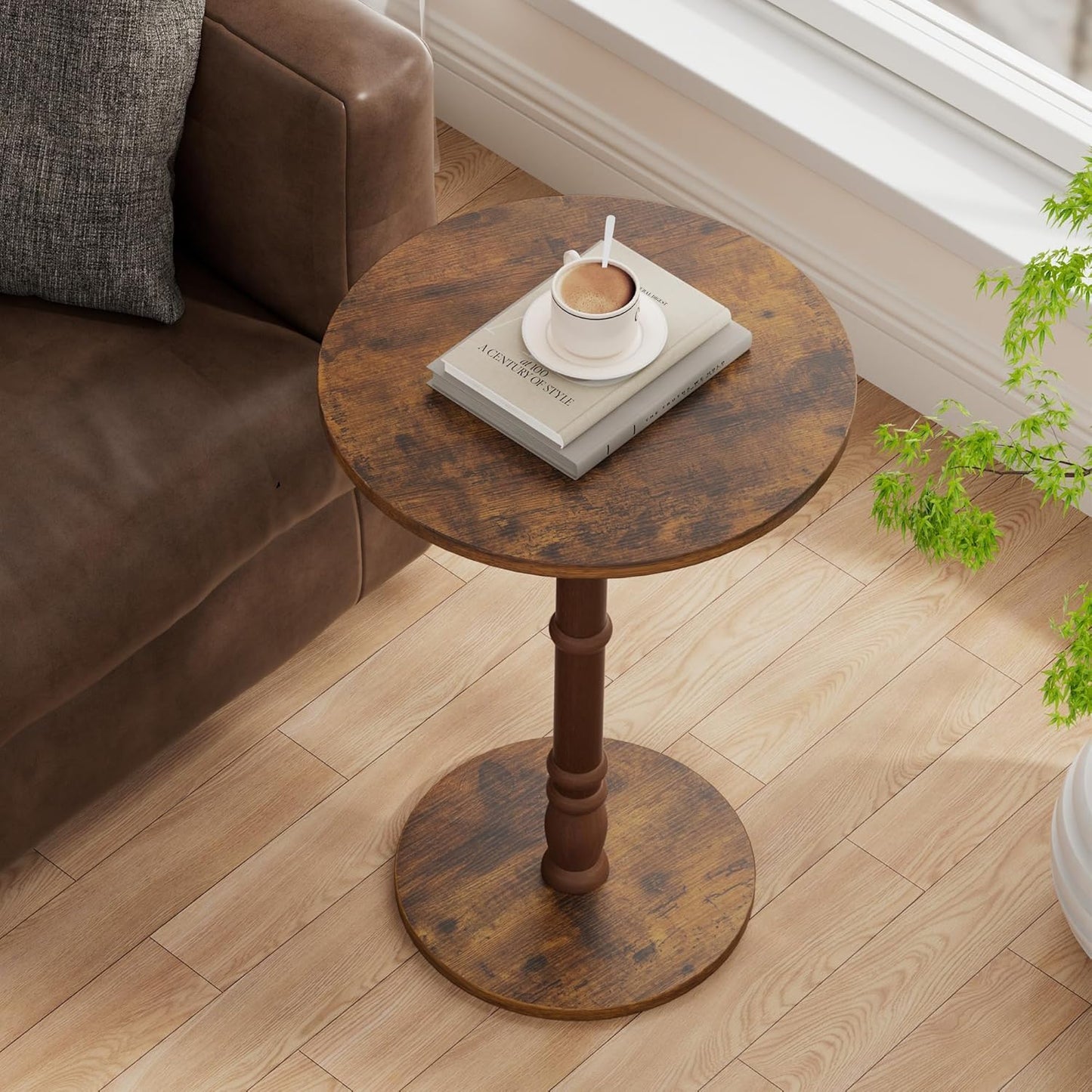 16" Round Side Tables, Solid Wood Pillar with Wood Top & Base, Small Drink Accent Table for Living Room, Bedroom, Sofa & Office, Easy Assembly, Rustic Brown