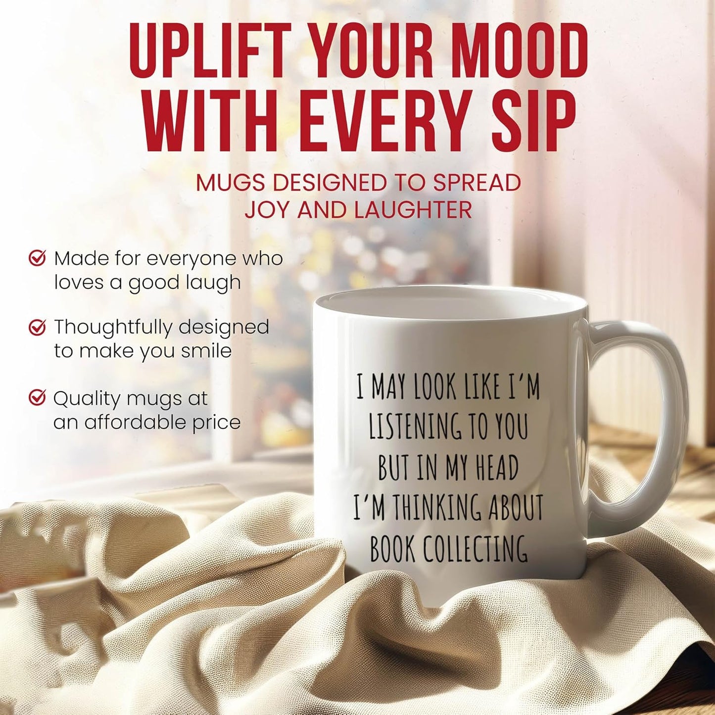 I'm Thinking About Book Collecting Mug - Literary Enthusiast Coffee Cup - Bibliophile Funny Gift From Friends - Page Turner Tea Mugs - Lover Cups - 11 Oz Ceramic Gifts For Bookworms, Birthday, Him