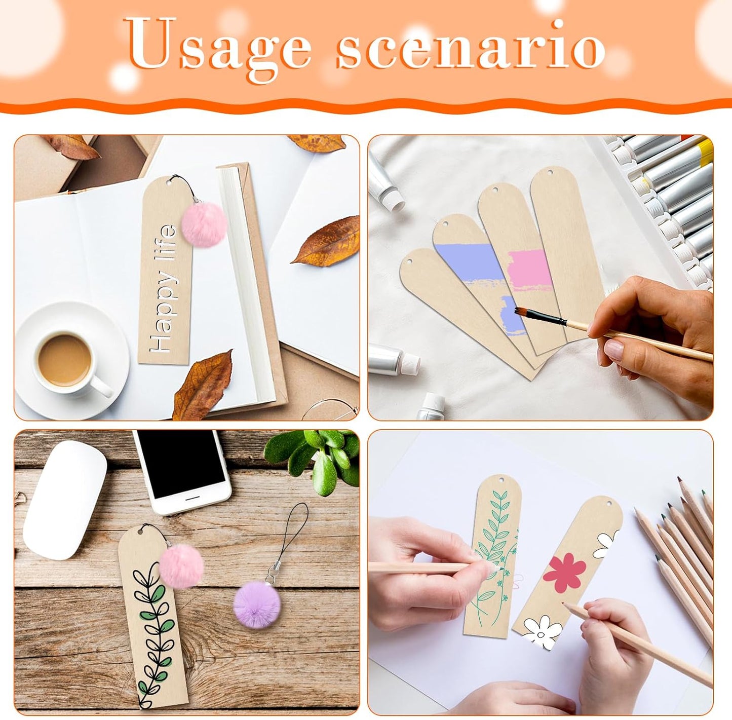 30 Pcs Wooden Bookmark,5.7x1.5 in Blank Bookmarks to Decorate with 30 Pcs Colorful Pom Pom Bookmark Tassels,Wooden Bookmarks for Books, Keys, Bags